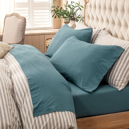 PURE ERA Jersey Knit 4pc Bed Sheet Set 100% T-Shirt Cotton Super Soft Comfy Breathable Fits Mattress Up to 20" Extra Deep Pocket (Solid Cerulean Blue, Queen)