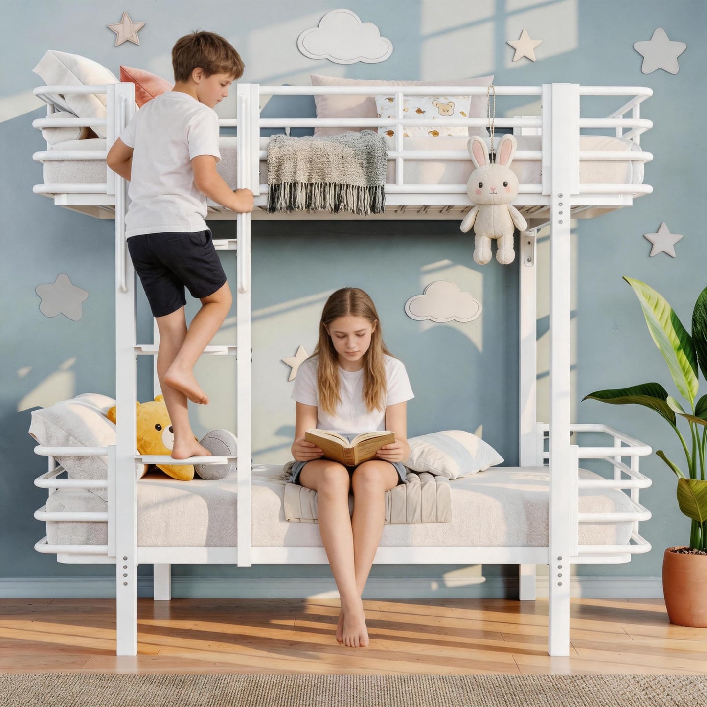 Einhomn Curved Metal Bunk Bed Twin Over Twin, Heavy Duty Bunkbeds with Safety Guardrails, Ladder with Built-in Handrails & Wide Steps, Space-Saving Design for Kids, Teens & Adults