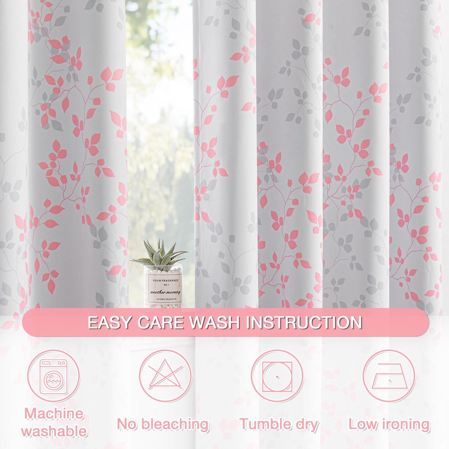 MEETSKY Pink Curtains for Girls Bedroom 95% Blackout Nursery Curtains 84 Inches Long- Leaf Patterned Curtain for Kids Nursery Thermal Insulated Grommet Window Drapes, Each Panels 52 Inch Wide