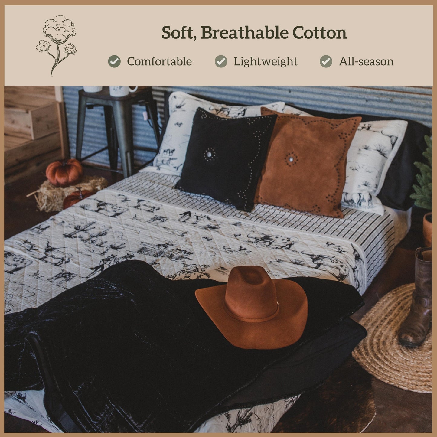 Paseo Road Ranch Life Full Queen Cotton Quilt Set, 3 Piece Western Bedding Set with Pillow Shams, Black White Reversible Quilt with Cowboy Longhorn Horse Cow Print, Soft Cozy Rustic Farmhouse Bedding