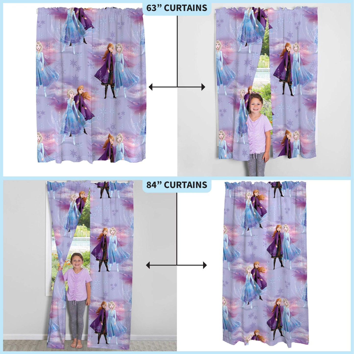 Disney Frozen 2 Kids Room Window Curtains Drapes Set, 82 in x 63 in, "Official" Disney Product By Franco