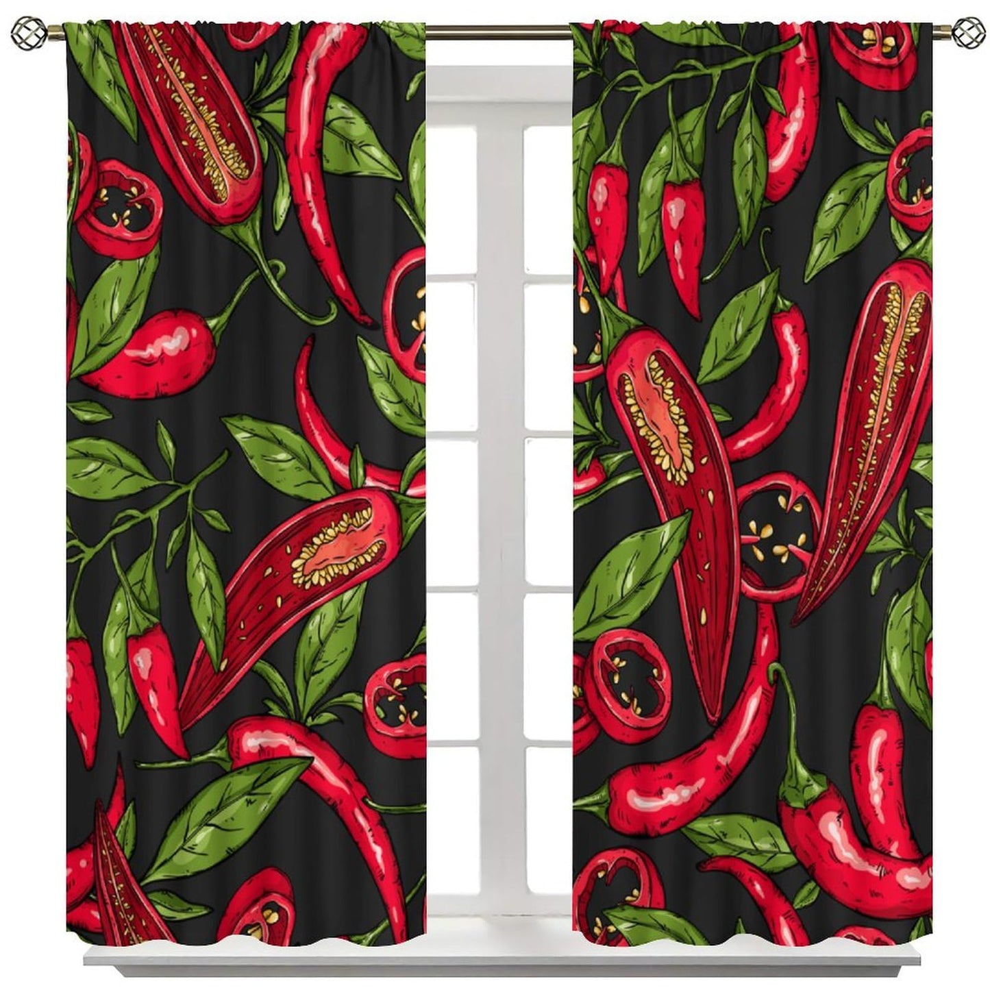 BenYaSong Chilli Long Decor Window Curtain，Mexican Hot Slices Halves Pieces Organic Healthy Farm Agriculture Leaf for Home Kitchen Restaurant Decoration Window Curtain 2Panel 42" W X 45" L