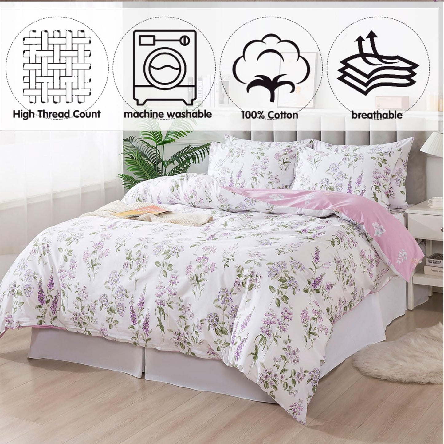 FADFAY Purple White Floral Duvet Cover Sets King/Cal King 100% Cotton Lilac Lavender Reversible Comforter Cover French Country Bedding All Season Soft Crisp Green Leaves Bed Cover with Zipper 3Pcs