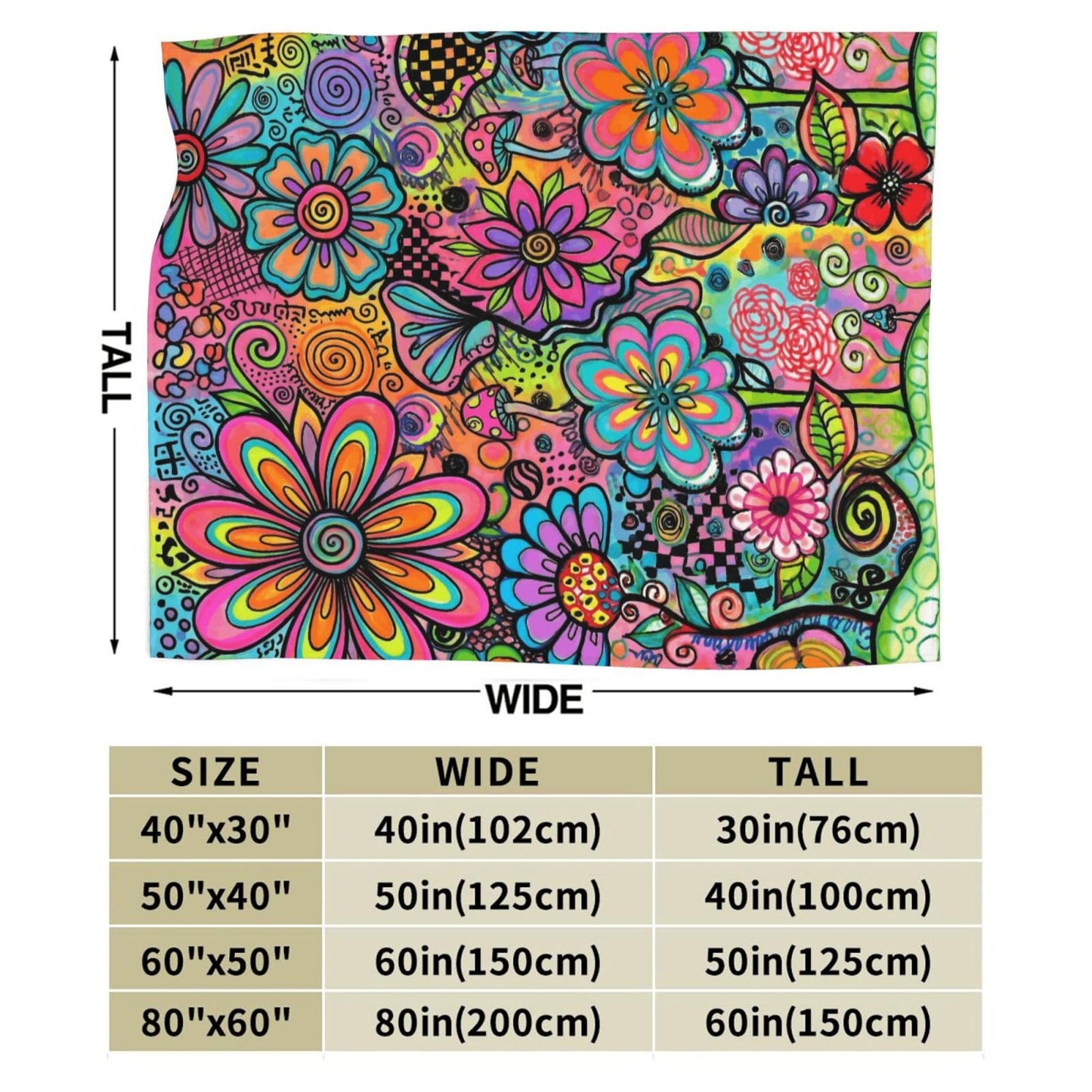 Gbuzozie Hippie Art Flowers Doodle Fleece Blanket Lightweight Ultra-Soft Throw Blanket for Sofa Couch Bed Camping Travel - Super Soft Cozy Microfiber Blanket 50"X40"