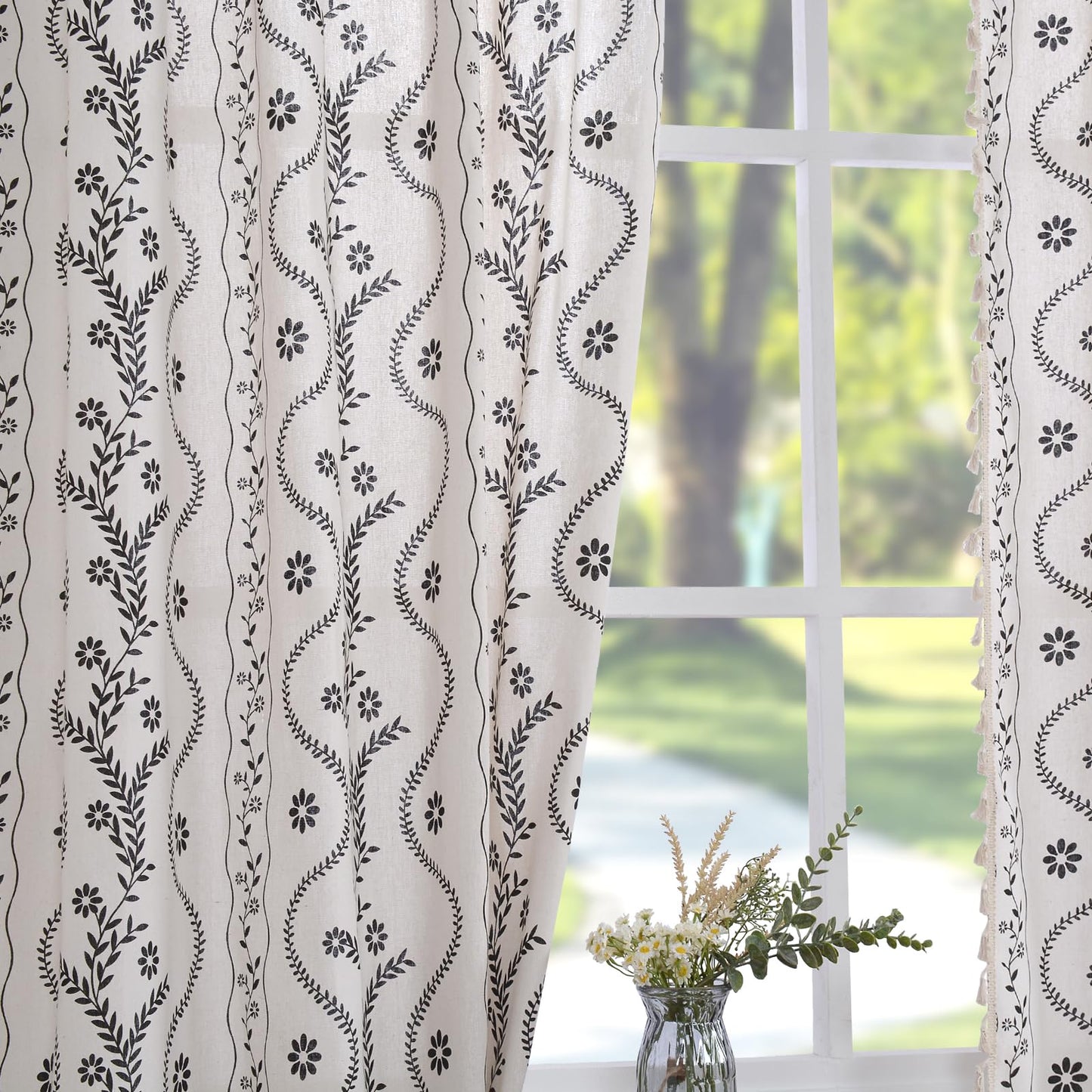Boho Curtains 2 Panels Set, Farmhouse Linen Semi Sheer Floral Curtains for Living Room, 84 Inches Long Vintage Printed Patterned Curtain with Tassels Rustic Country Curtain Drapes