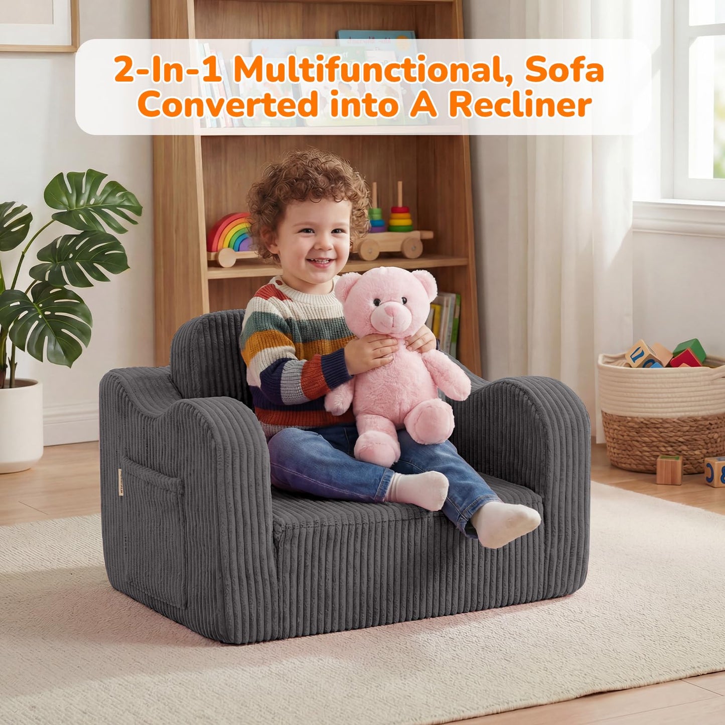 MeMoreCool Kids Chair Comfy for Ages 3+, Corduroy Kids Couch Fold Out, 2-in-1 Foldable Kids Armchair, Pull Out Children Sofa, Dark Grey