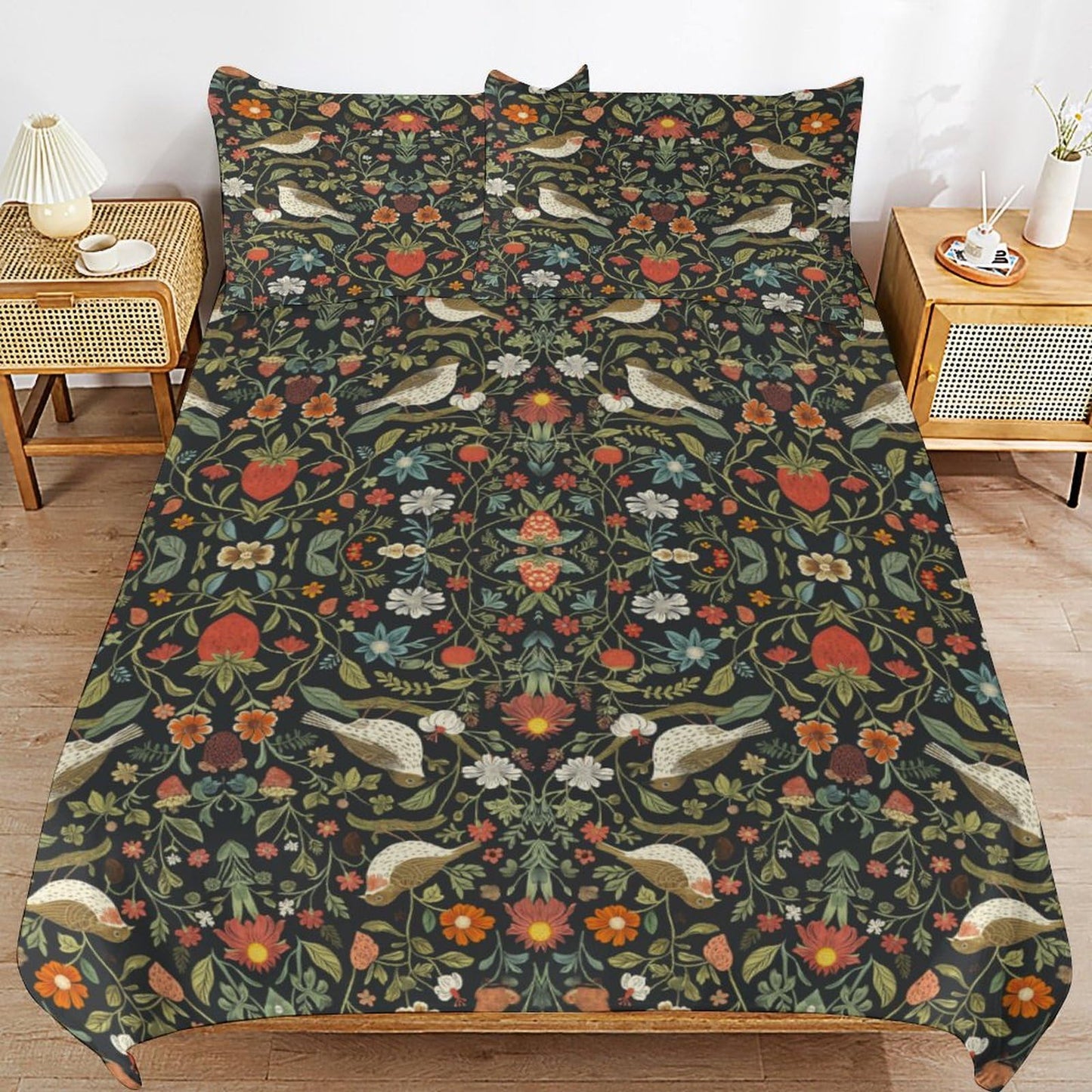 AAVEUP William Morris Comforter Set Bedding Bed 3 Piece Set,Vintage Rustic Antique Art Nature Green Plant Flower Leaf Bird Printed Cover All Season Bed Sheet Bedspread 2 Pillowcases 79x90 in