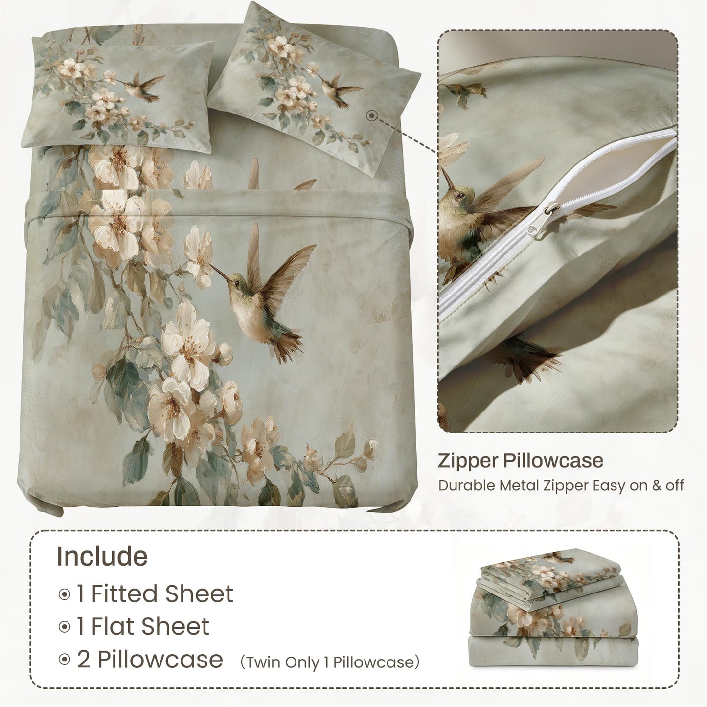 Bird and Flower Bedding Set 4 Pcs Hummingbird Full Sheets