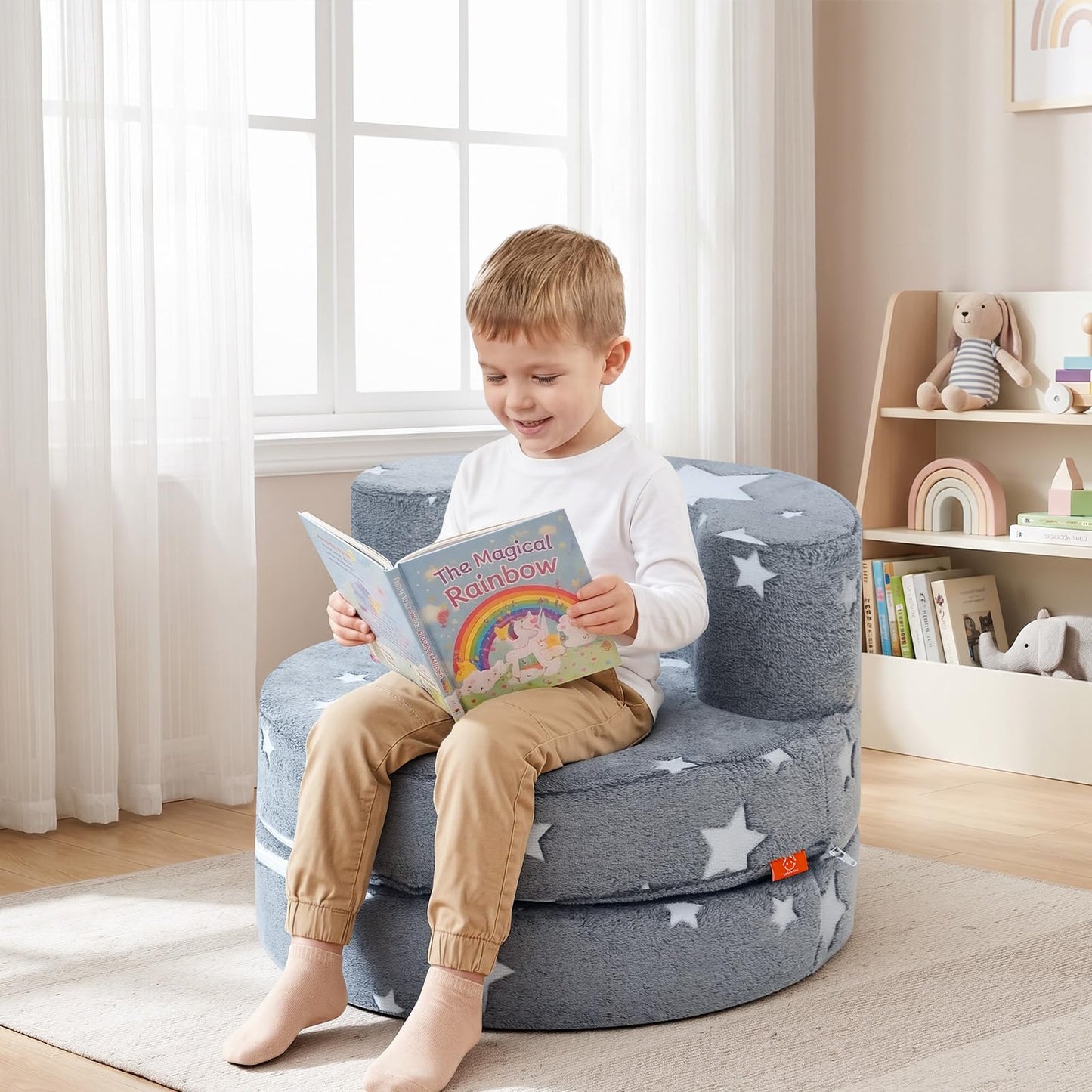 MeMoreCool Star Kids Chair, Flip-Open Kids Couch, Glow Print, Grey