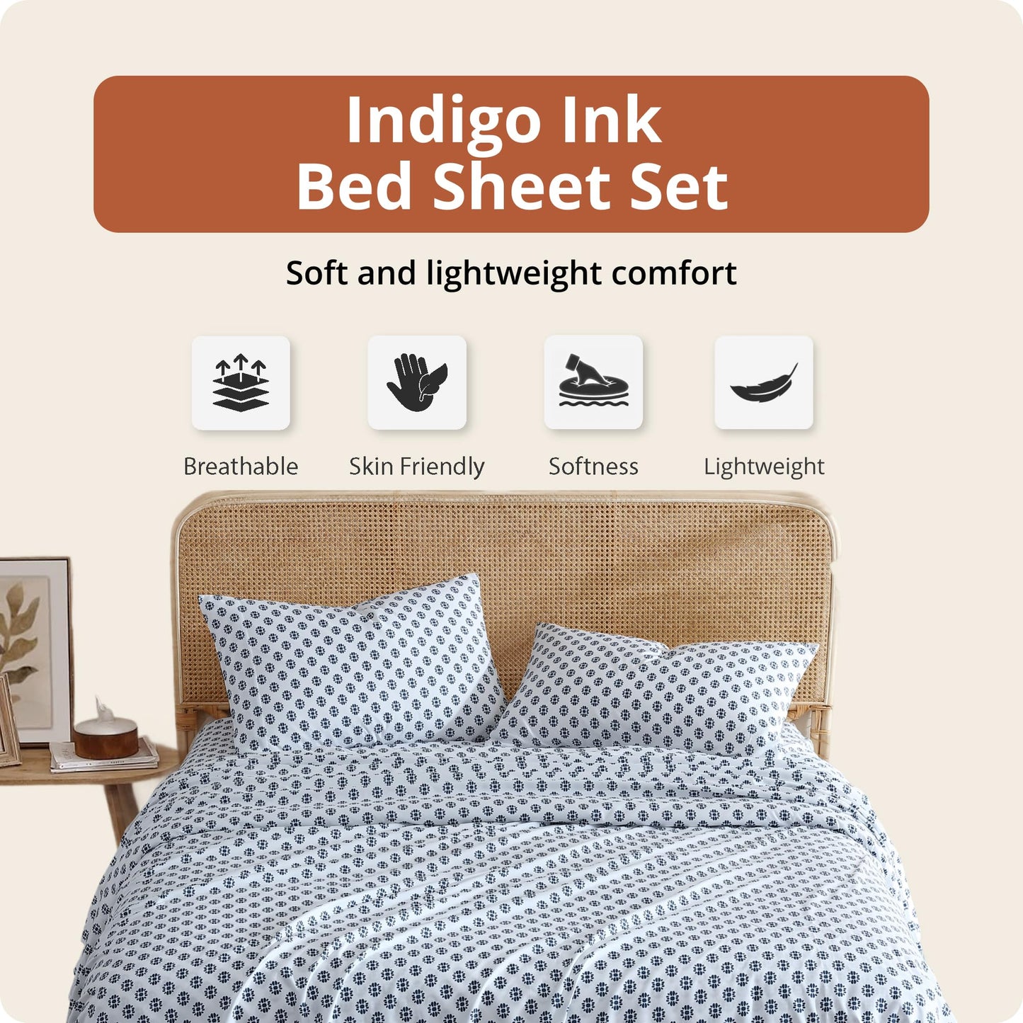 Indigo Ink Queen Size 4-Piece Sheet Set - Fitted & Flat Sheets & Pillowcases, Medallion Pattern, Soft & Breathable, Durable, Wrinkle Resistant Fabric, Deep Pocket Sheets, Panther Collection Blue