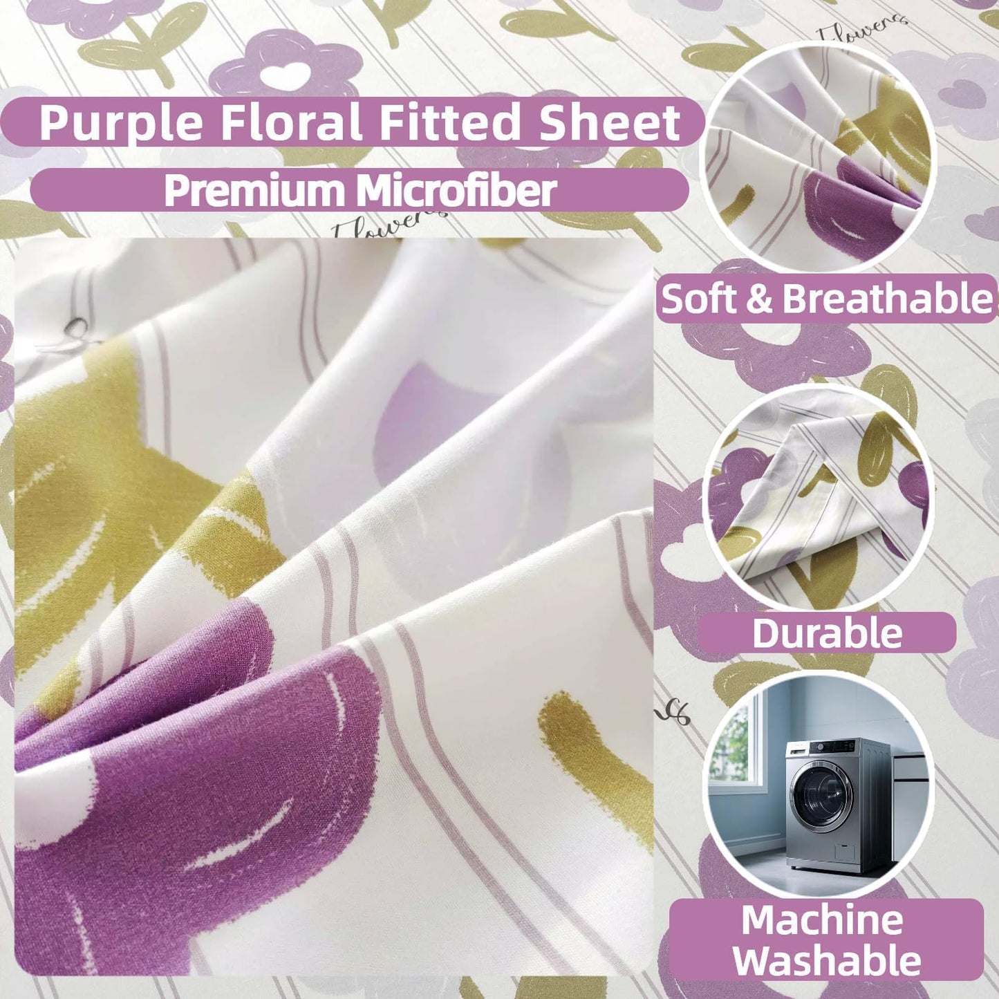 SDIII Purple Floral Twin Fitted Sheet with 2 Pillowcases, Deep Pocket Soft Microfiber Purple Floral Sheet Twin Size All Season