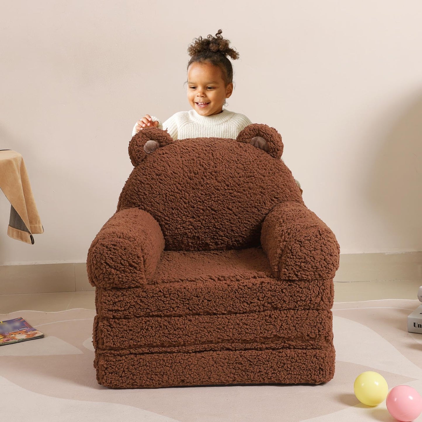 MOMCAYWEX Kids Sofa, Sherpa Couch with Tri-Layer Foam Cushions, Soft Comfy Seating for Kids Age 3–6 Years, Brown