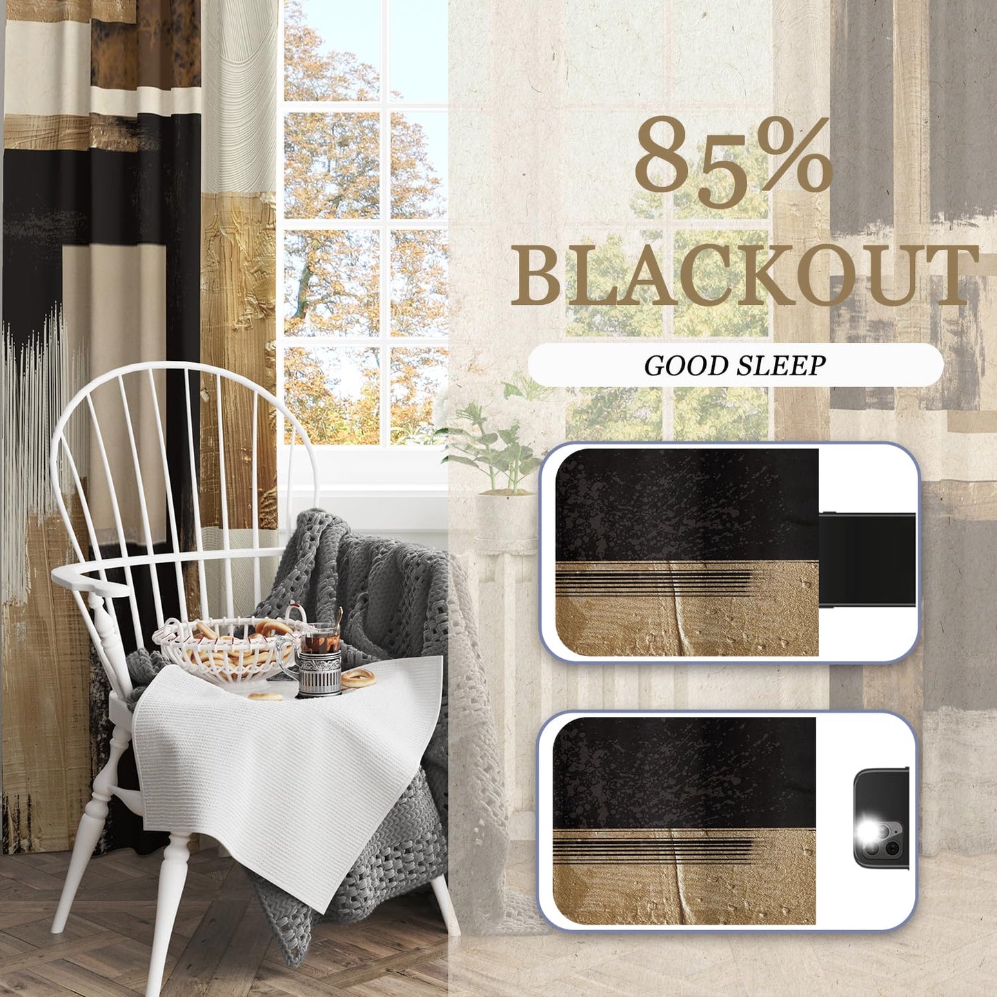 Moyrisou Boho Black Gold Abstract Blackout Curtains, Modern Oil Aesthetic Neutral Contemporary Beige Darkening Thermal Insulated Grommet Light Blocking Drape Decor, 52 x 84 Inch Long 2 Panels