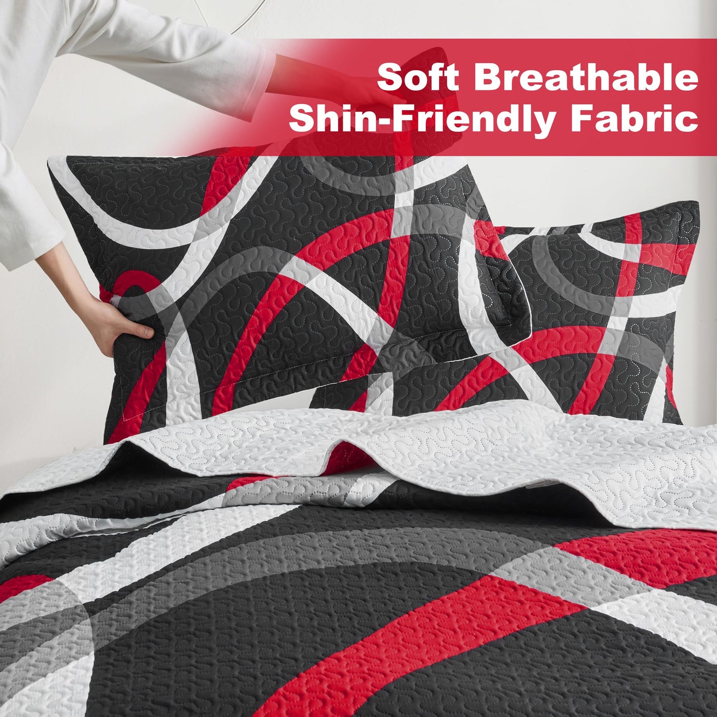 weesire Black and Red Bedding Quilt King Size with 2 Shams, Modern Stripe Comforter Sets Classic Line Pattern Bedspreads Grey and Red Coverlet, 96''x106''