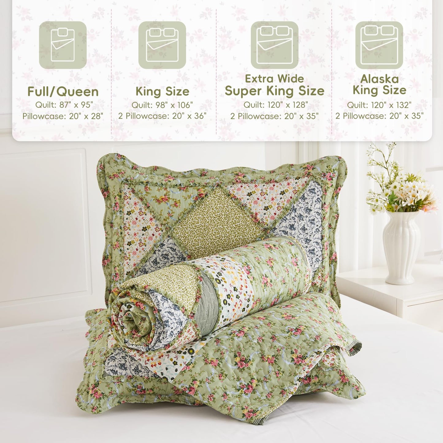 VIVILINEN Full Queen Size Green Patchwork Quilt Set Reversible Quilted Bedspread Coverlet Set 3-Piece Floral Lightweight Comforter Stitched Bedding Set Bed Sheet Set Cover Blanket with 2 Pillow Shams