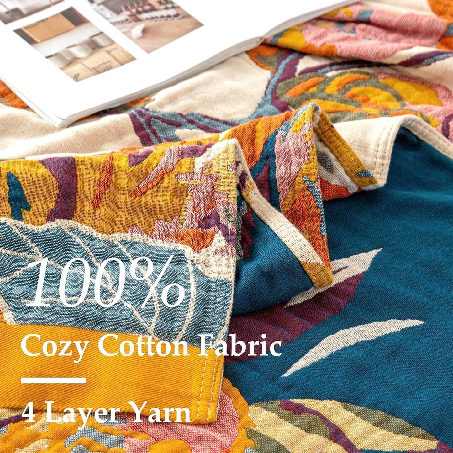 LUTBM Boho Throw Blanket 100% Cotton Soft Bed Throw Twin Lightweight Summer Blanket Floral Bird & Butterfly Room Decor Breathable Bed Blankets,60"x80" All Season Reversible Blankets for Couch Chair