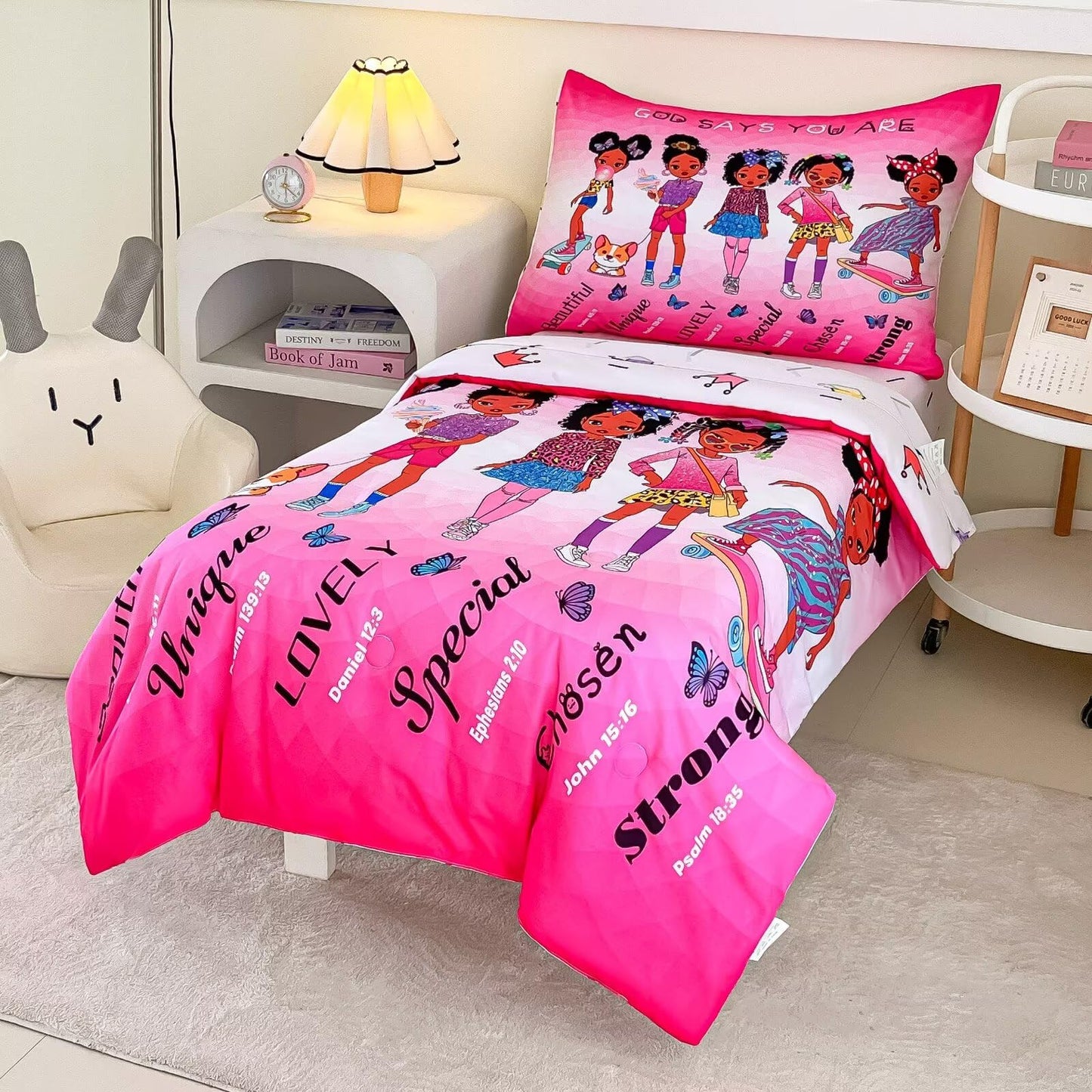 GRAT TIOC 4-Piece Toddler Bedding Set for Girls - Black Girl Magic Comforter Set Includes Comforter, Flat Sheet, Fitted Sheet, Pillowcase