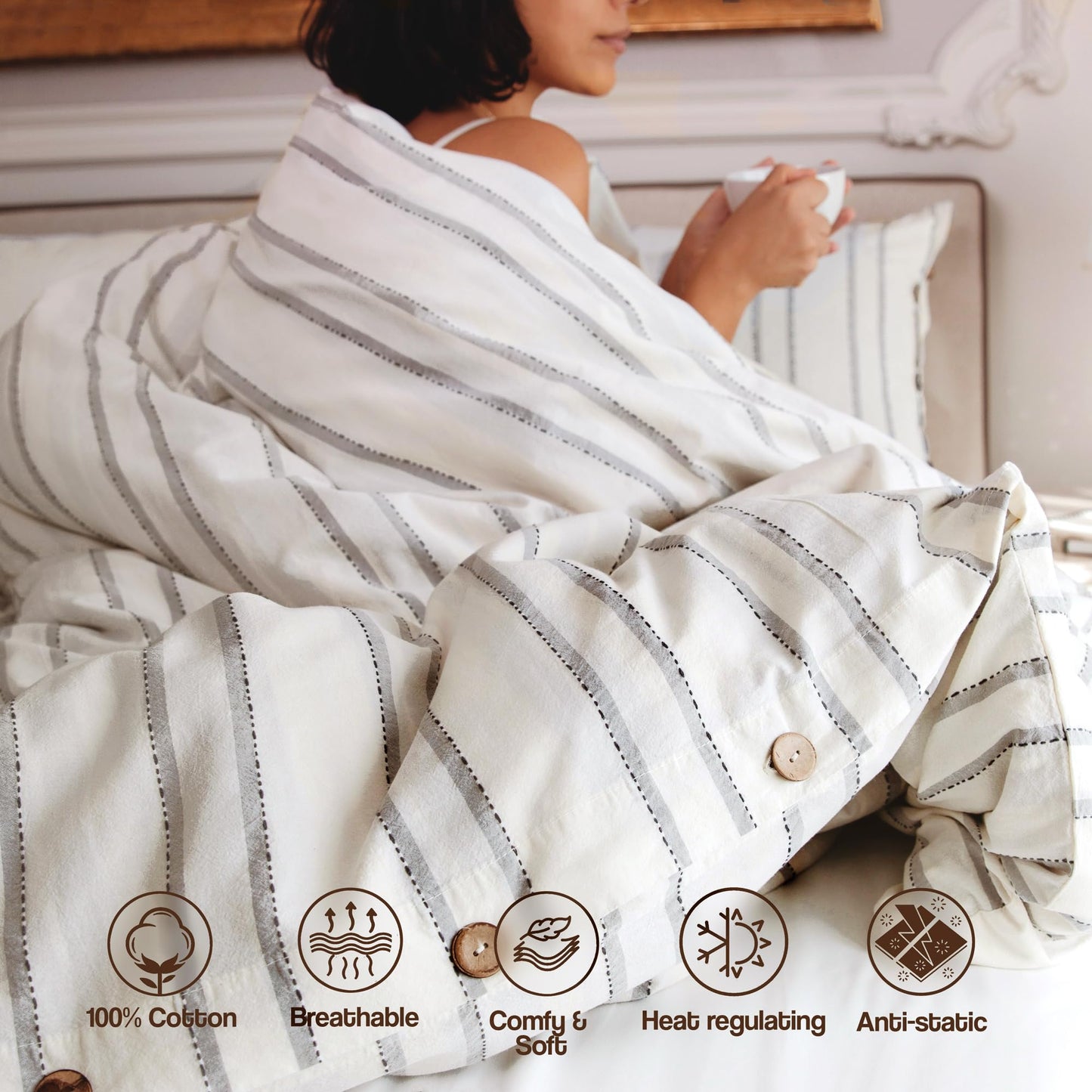 Lavien Home, 100% Cotton Duvet Cover Set, Striped with Stitch Pattern Queen Size, 3-Piece Linen Like and Washed Natural Turkish Cotton Bedding, Antique White (Hiera, Queen 90”x90”)