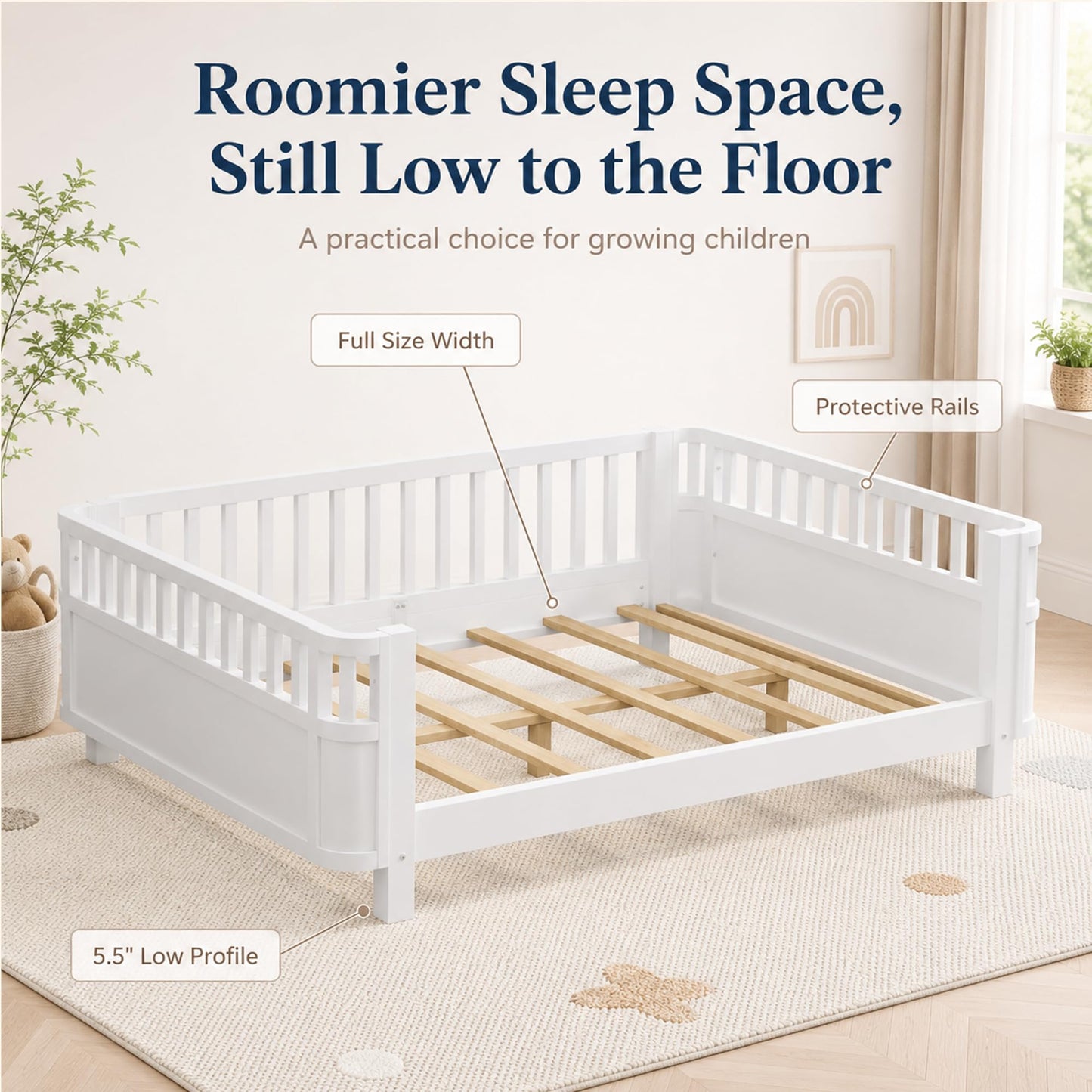 OYUMOENTS Full Size Kids Bed Frame, Low Profile Montessori Bed Full with Rails, Wood Daybed for Girls & Boys, No Spring Box Required, No Squeaks, White