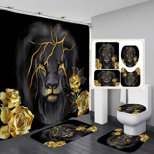 4 Piece Black and Gold Shower Curtain Set with Rugs, Majestic Lion & Golden Rose Art, Luxury Aesthetic Waterproof Fabric Bathroom Decor, Non-Slip Mats & Toilet Lid Cover