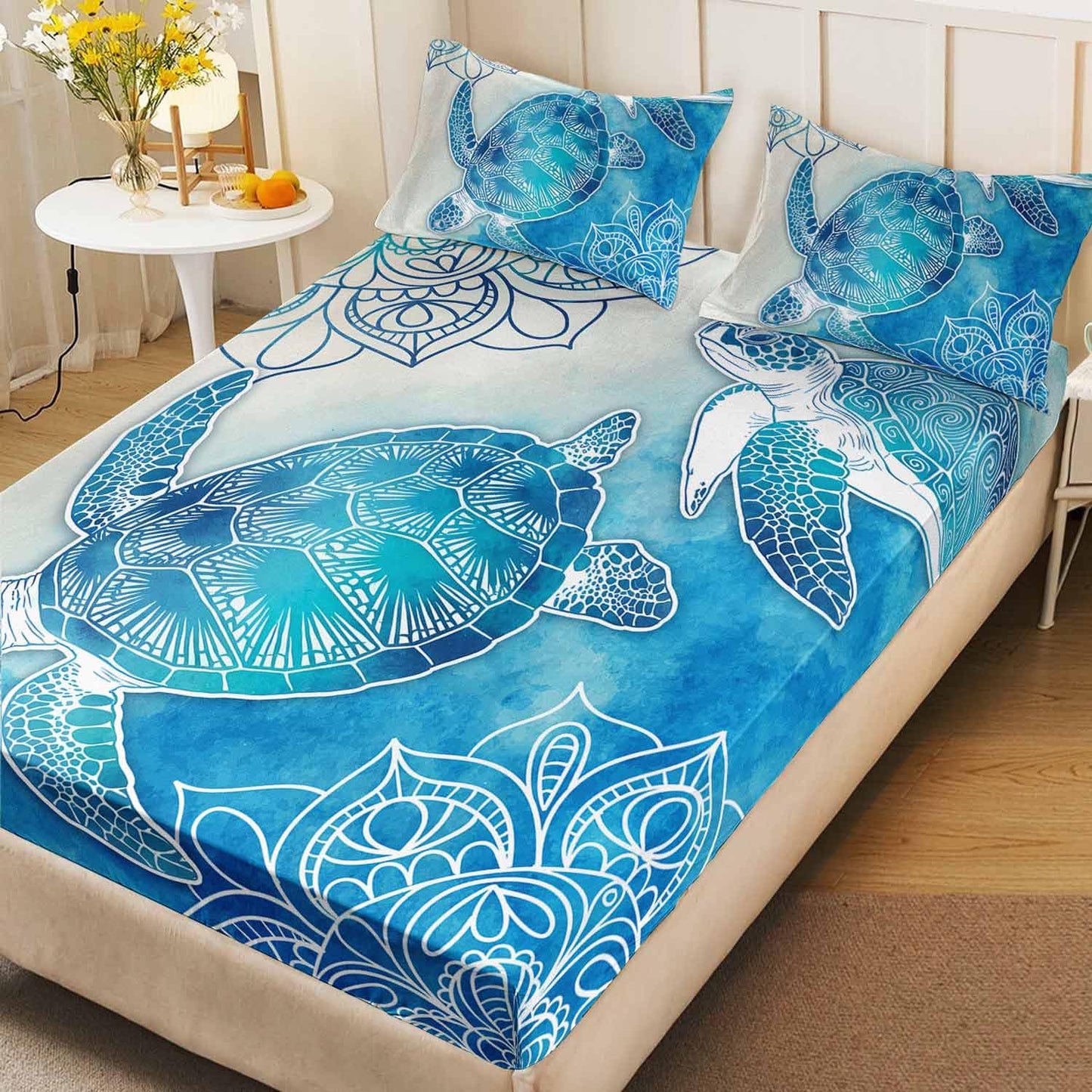 HOSIMA Sea Turtle Bedding Set,Coastal Beach Themed Bedroom Fitted Sheet Queen Size for Kids Teen Girls Boys Room Decor,1 Fitted Sheet+2 Pillowcases.