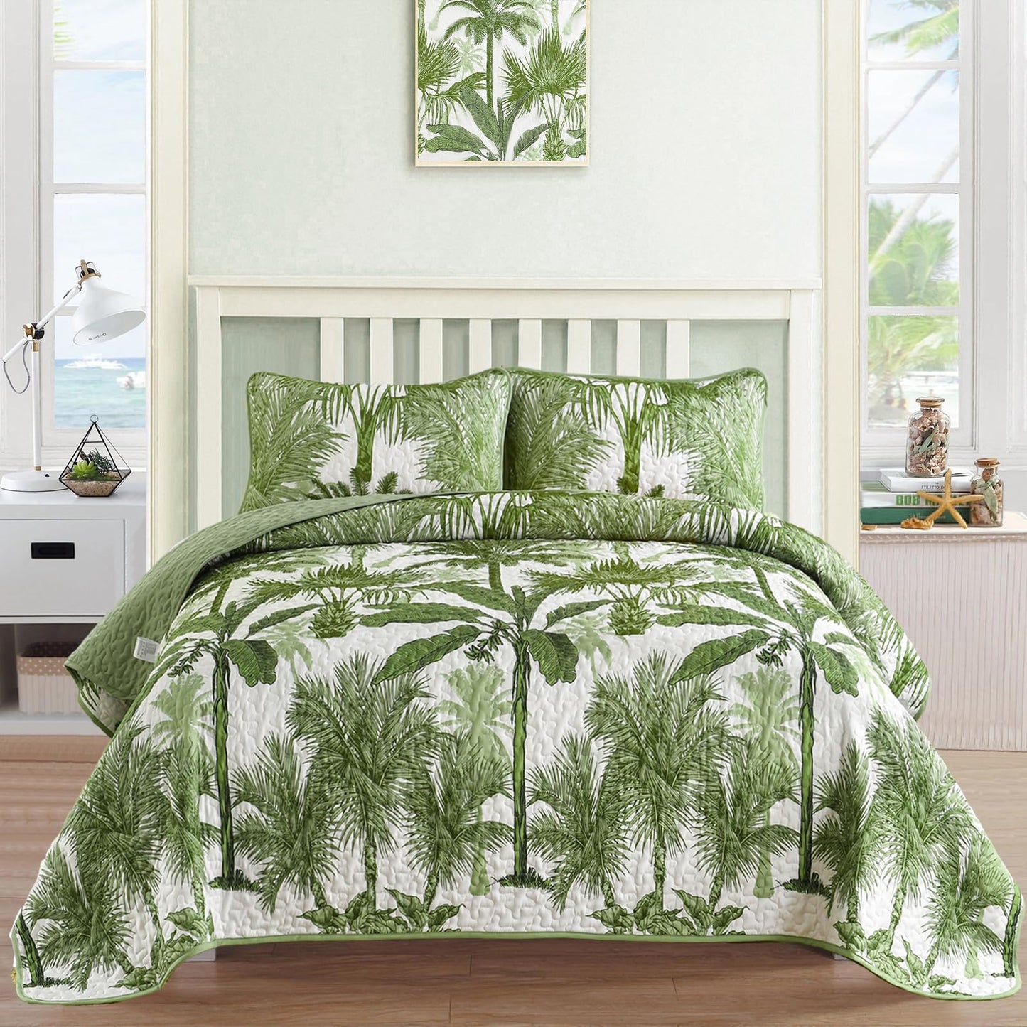 Luxudecor Tropical Plants Quilt Set King Size 3 Pieces Green Palm Botanical Bedspread Rainforest Style Bedding Set Soft Lightweight Bed Cover All Season 104"x90"