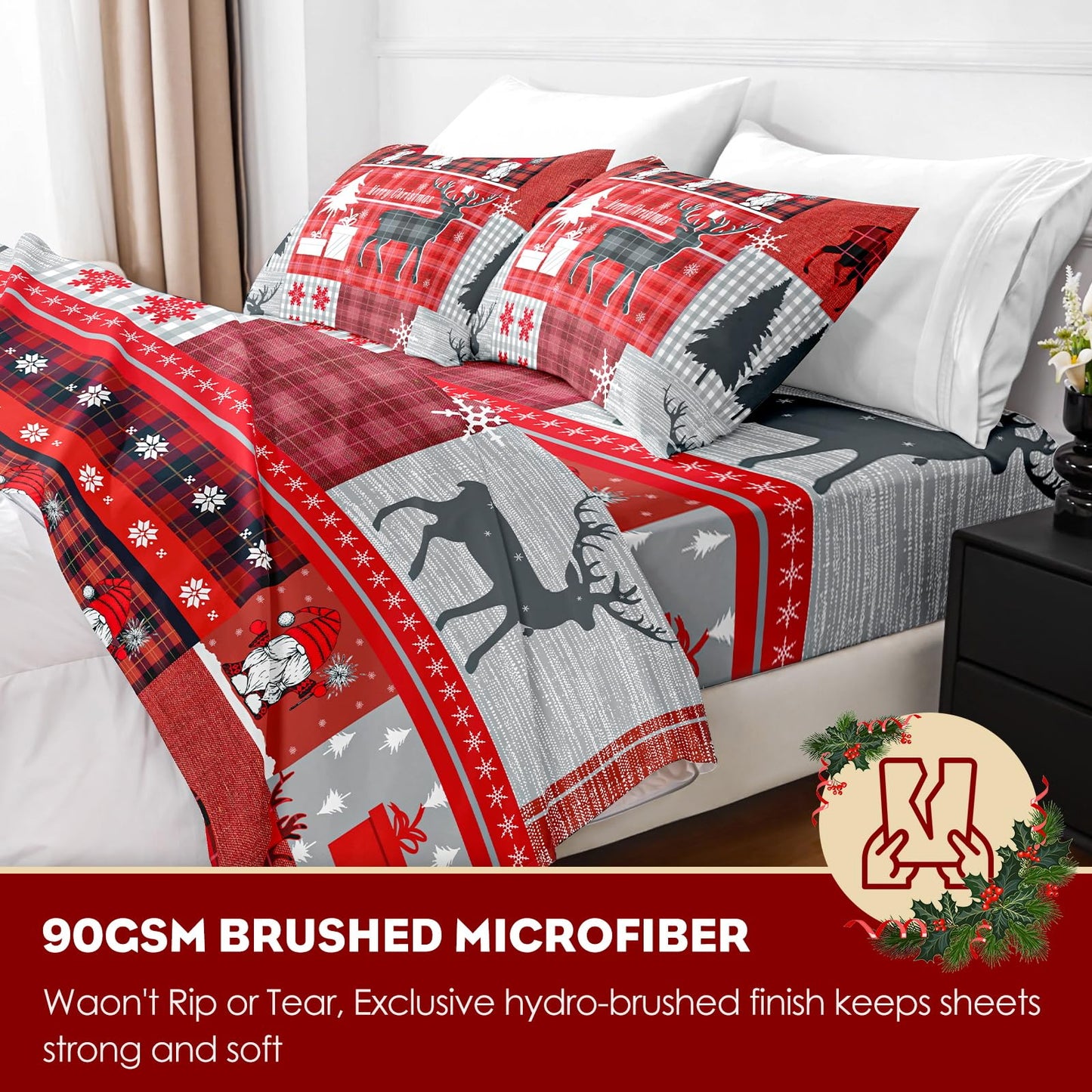 HCORA Christmas King Size Sheets Set, Luxury 1800TC Hotel Quality Double Brushed Microfiber Deep Pocket Bed Sheets, Ultra Soft, Breathable, 4PC, King
