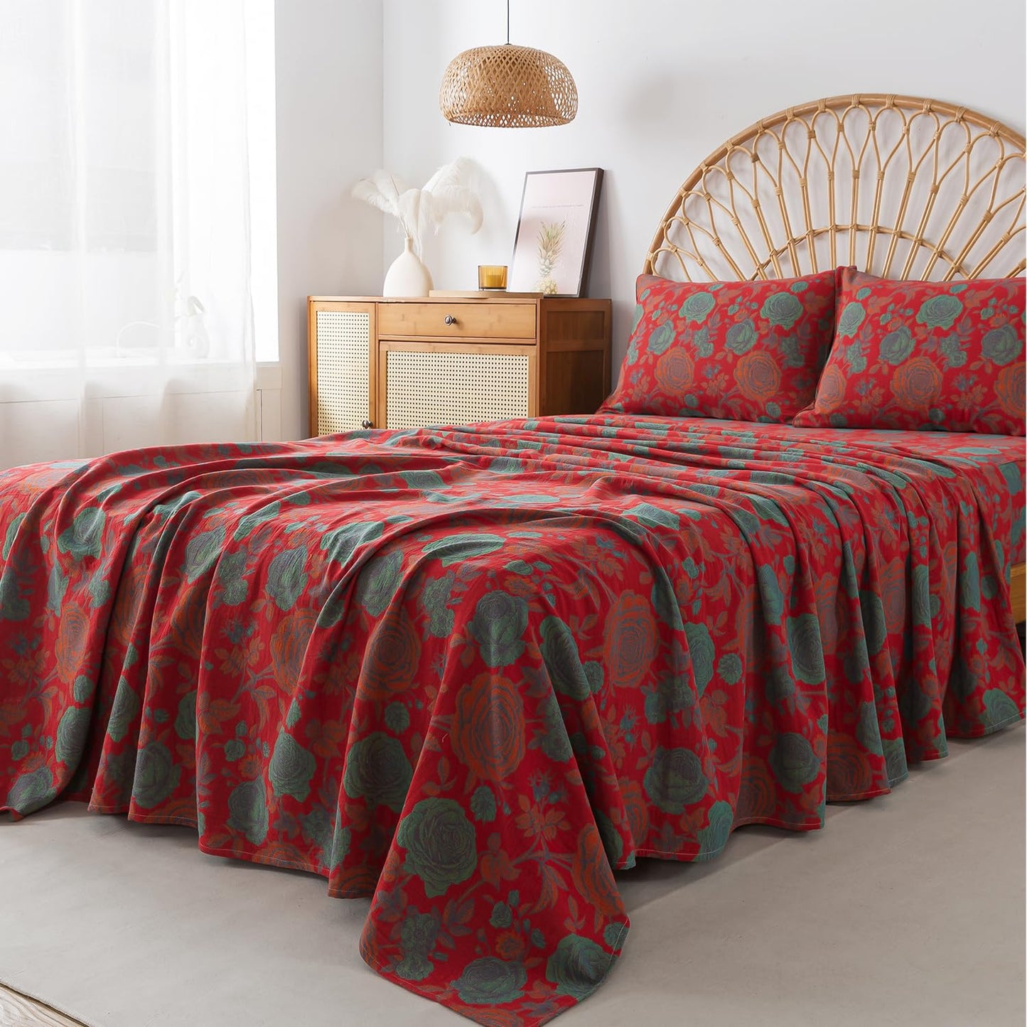 FADFAY Double Gauze 100% Cotton Queen Sheets Set Floral Bed Sheets Deep Pocket Fitted Sheet, Luxury Rose Pattern Shabby Vintage Countryside Style Bedding 4Pcs