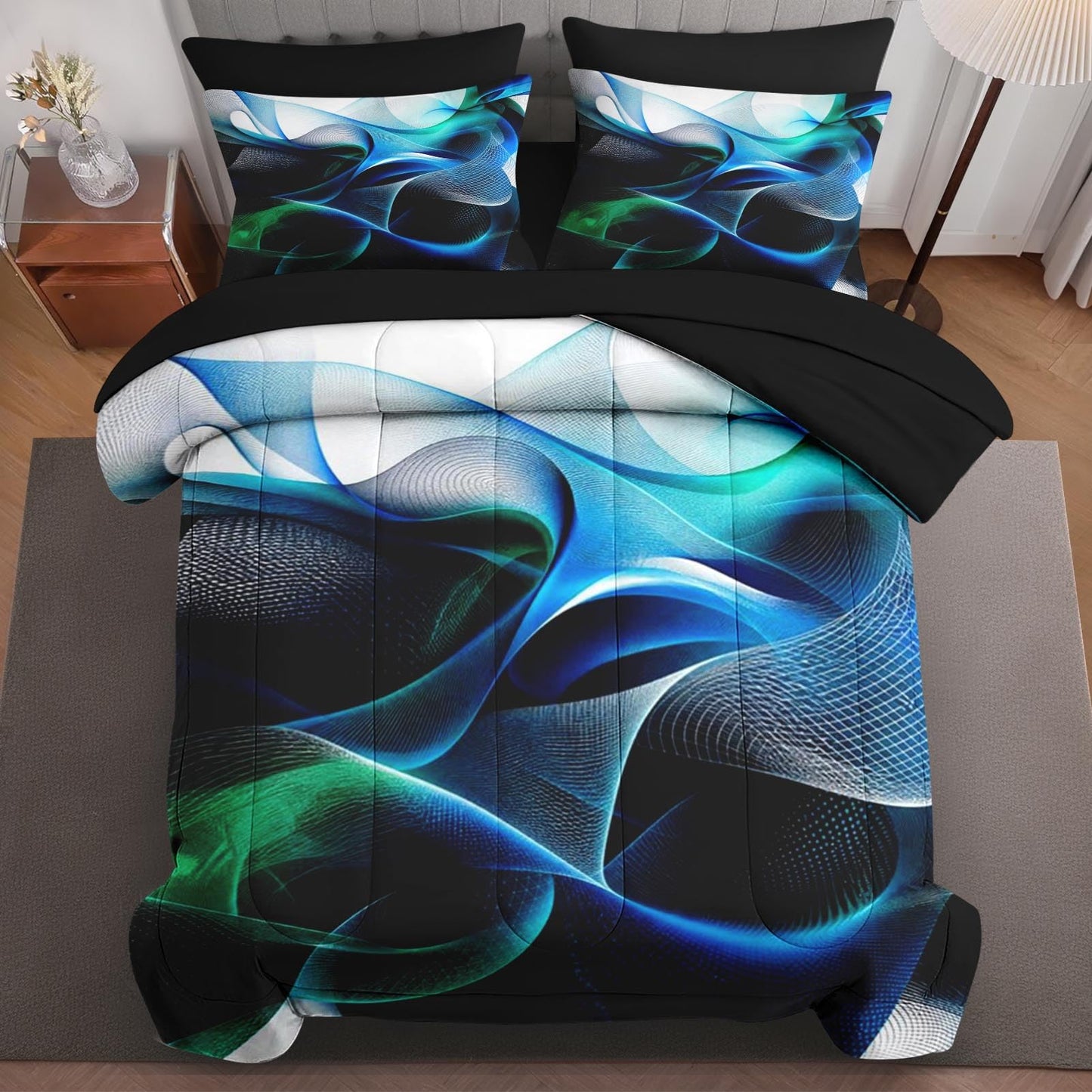 Boewywh Comforter Set Twin Size Abstract Blue Modern 7 Pcs, Bedding for Kids and Adults, Green Geometric Bed Sheet Sets with Fitted Sheet 2 Pillowcases & 2 Shams for Bedroom Bed Decor