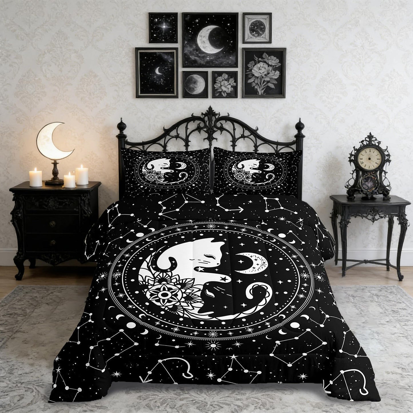 Cute Cats Comforter Set Twin,Gothic Star Sky Moon Constellation Bedding Set 2pcs for Kids Teens Boy Girls Room Decor,Animals Flower Plants Quilt Set Black Exotic Duvet Insert with 1 Pillowcase
