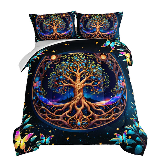 HOSIMA Tree of Life Boys Queen Size Bedding Set,Tree of Life Surrounded by Butterflies Leaves Print Galaxy Comforter for Teenage Girl Room Decor,Fluffy Aesthetic Bedding with 2 Pillowcases.