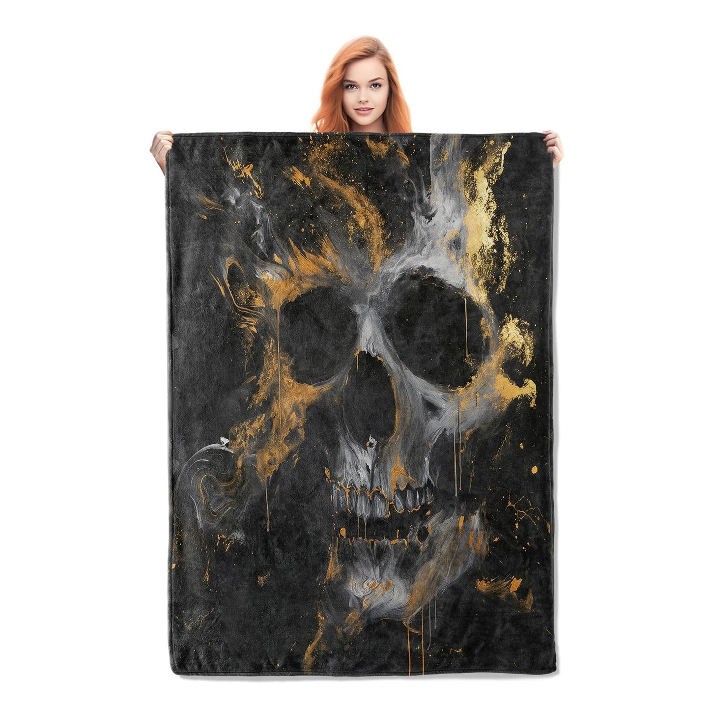 Abstract Skull Blanket Gifts for Adults Kids Women Soft Warm Lightweight Cozy Flannel Black Gold and White Skull Throw Blankets for Bed Sofa Couch Living Room Birthday Decor 50x60in