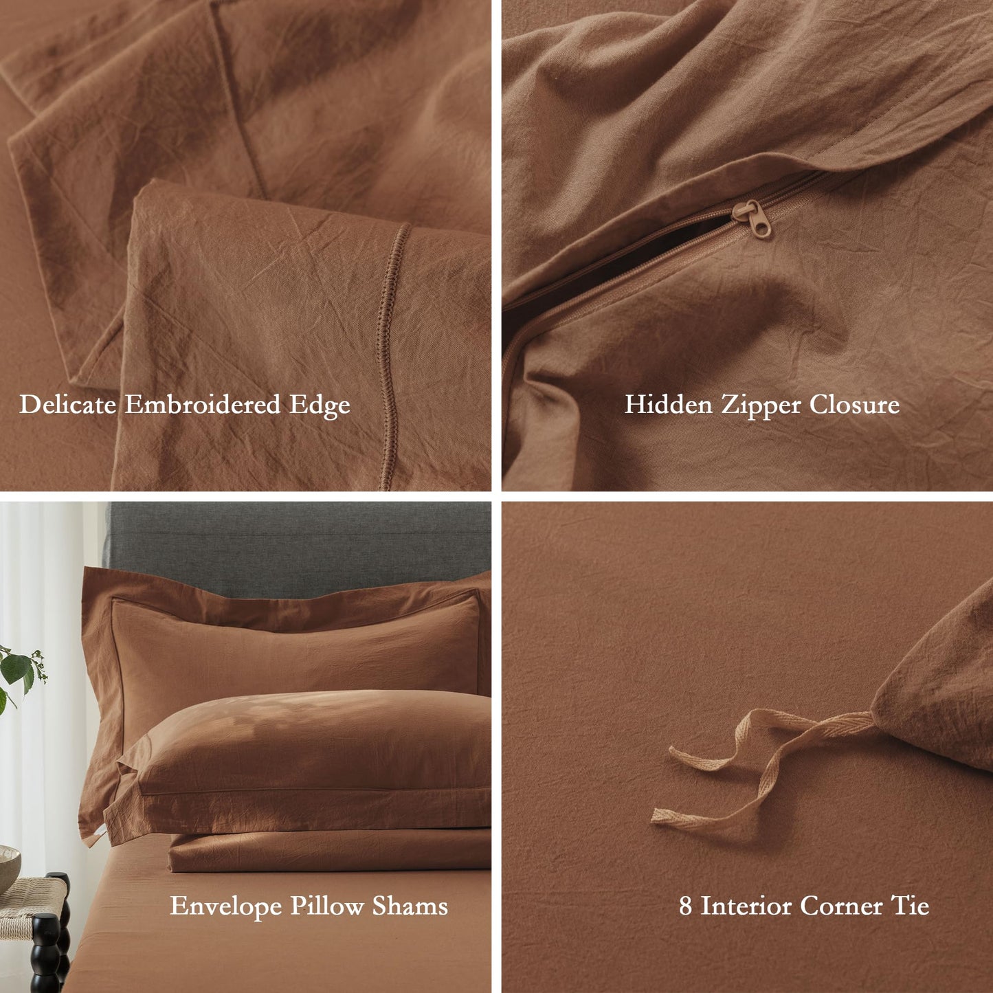 ELIMMO Queen Duvet Cover - 3 Piece 100% Washed Cotton Linen Feel Bedding Set, All Season Breathable Cozy, Double Stitched Hem, Hemmed Dark Orange,90"x90"