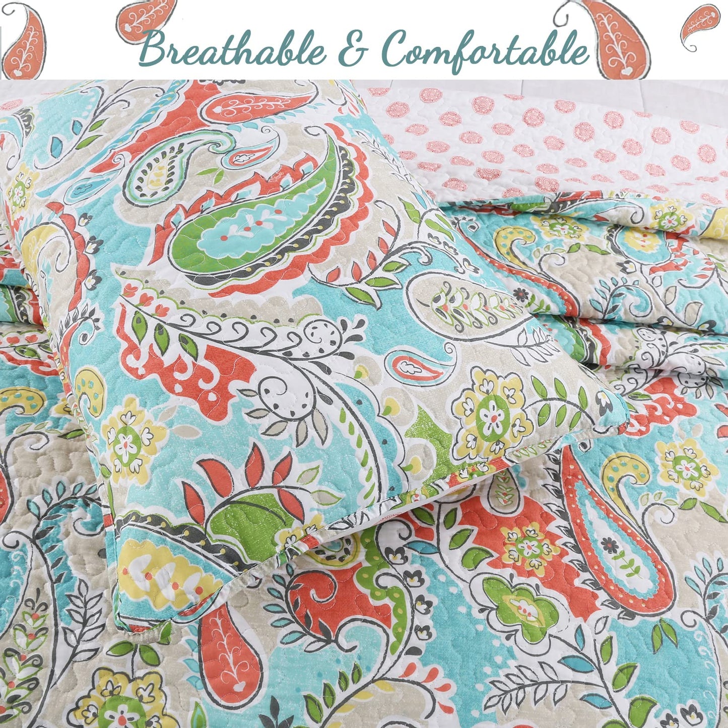 Cozy Line Home Fashions Turquoise Blue Coral Floral Leaf Reversible Quilt Bedding Set, Coverlet Bedspread Lightweight for All Seasons (Mirage Paisley, King - 3 Piece)