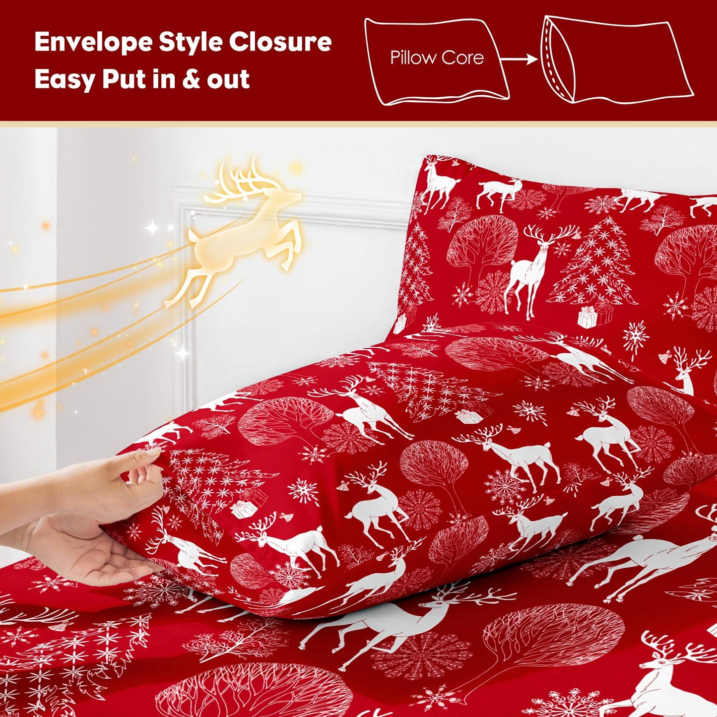 HCORA Christmas King Size Sheets Set, Luxury 1800TC Hotel Quality Double Brushed Microfiber Deep Pocket Bed Sheets, Ultra Soft, Breathable, 4PC, King
