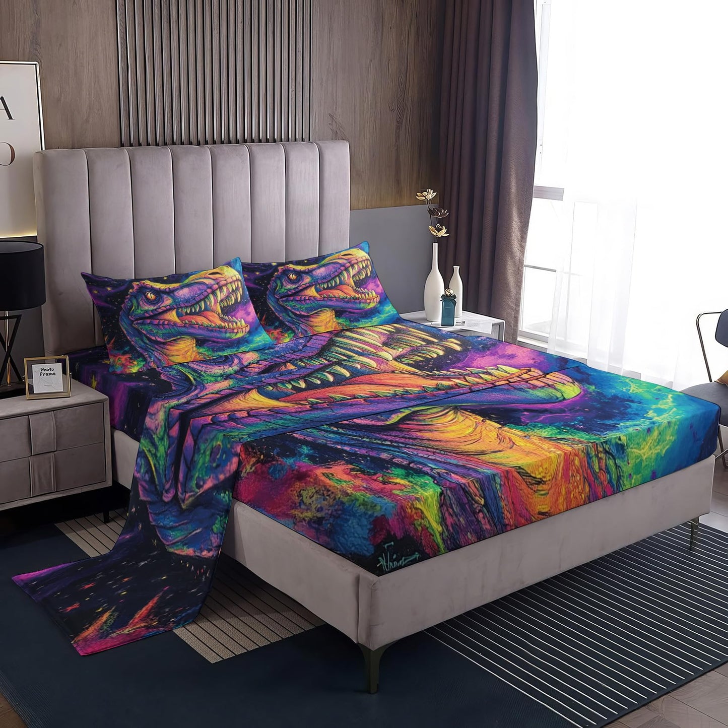Rejkxyw King Size Sheets Set Cartoon Dino - Dinosaur Bed Sheets - Jurassic Sheet Set - 12 Inch Deep Pocket - Ultra Soft Winkle Free Microfiber Bedding Sheets & Pillowcases 4 Piece