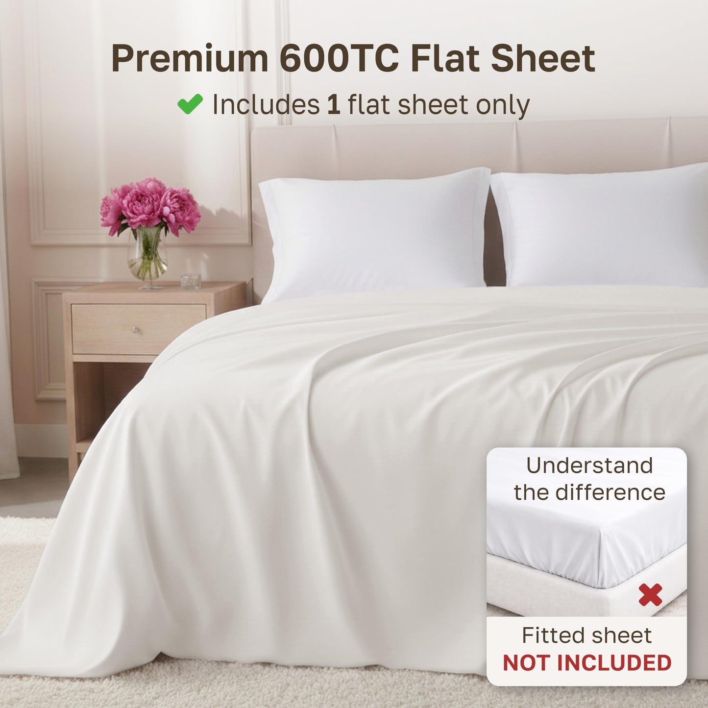 California Design Den Luxury King Size Flat Sheet Only - 100% Cotton, 600 Thread Count, Soft and Breathable Top Sheet, Sateen Weave, Hotel Quality - True Ivory