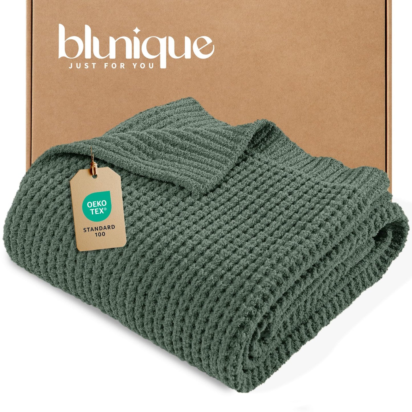 blunique Waffle Knit Throw Blanket, Luxury Cozy Chunky Knit Throw Blanket for Couch, 50 x 60 Inch Thick Ultra-Soft Feather Yarn Knitted Blanket for Sofa, Bed, Home Decor - Sage