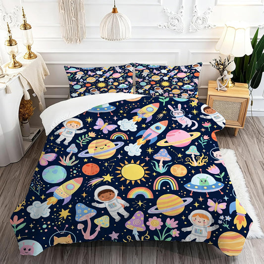 DJNEAR Kids Space Adventure Comforter Set, Astronaut and Rocket Print Bedding Set Full Size for Kids Boys Girls Teens, Soft Microfiber Room Decor 1 Comforter 2 Pillowcase