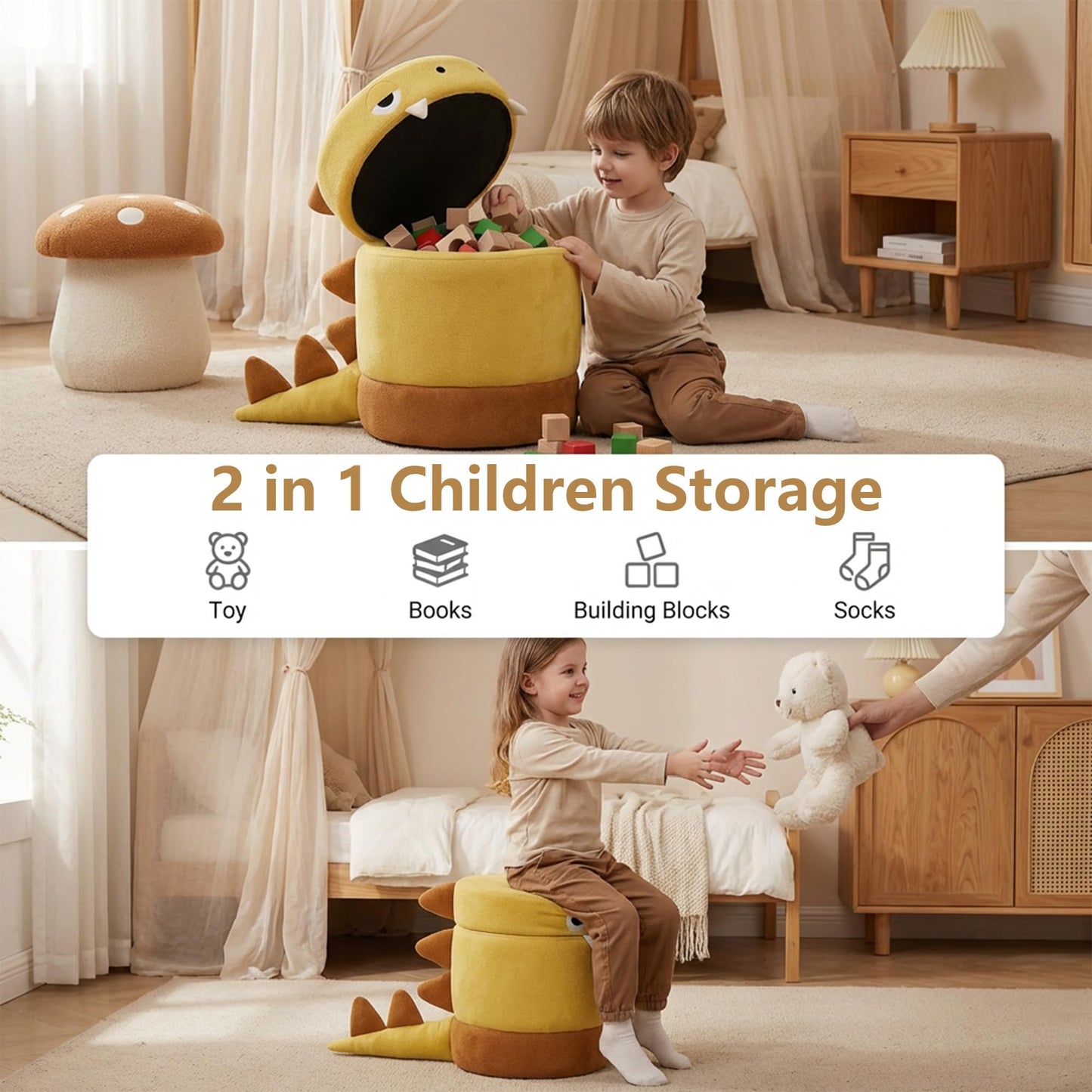 DAYARUS Dinosaur Toddler Chair Comfy Chenille Kids Reading Chairs, Toddler Dinosaur Ottoman, No Assembly Children Stool, Cute Kids Storage Ottoman, Wood Kid Desk Chairs for Playroom/Nursery, Yellow