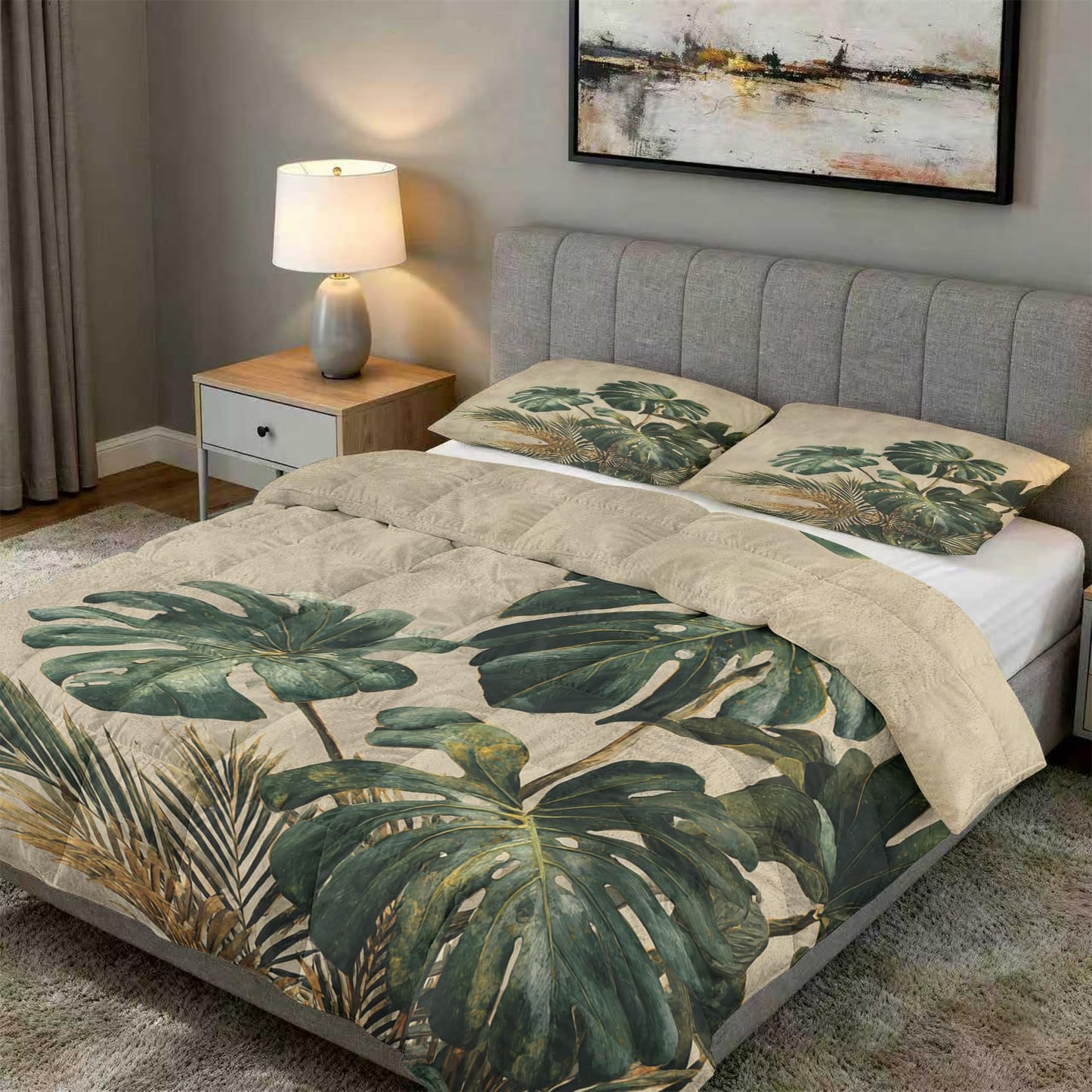 Tropical Leaves Comforter Set King Size 3Pc, Monstera Leaf Pattern Down Alternative Bed Comforter, 2 Pillow Shams, Soft All Season Bedding, Tropical Leaves Bedroom Decor AF3793
