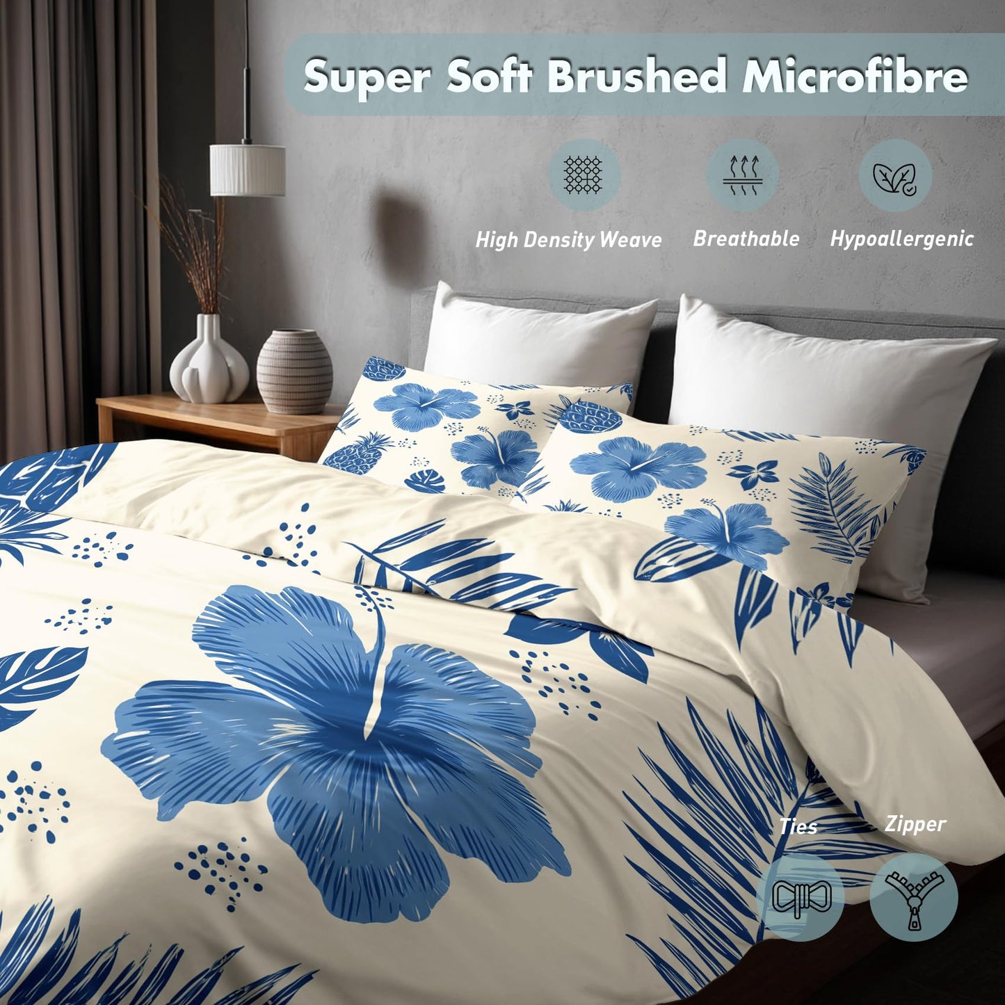 Tropical Floral Full Duvet Cover Set 3 Piece, Hawaiian Hibiscus Flower Reversible Bedding with 2 Pillow Shams, Zipper & Ties, Ultra Soft Microfiber, Floral Bedroom Decorations 49A-K