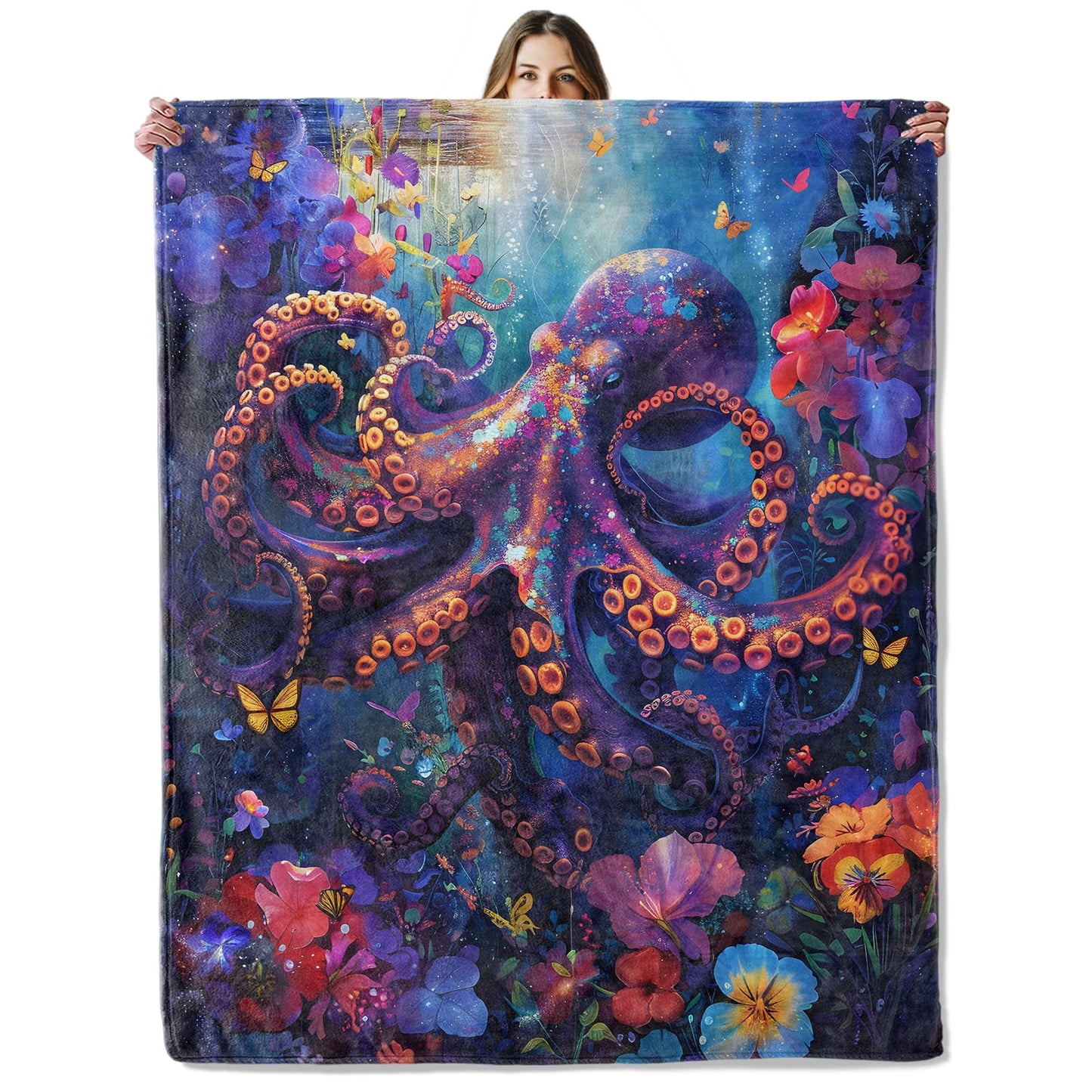 Octopus in Coral Reef Throw Blanket for Girls Boys Kids Adults, 50x60 in, Cozy Flannel Blanket for Bedroom, Camping, Couch, Room Decor, Fuzzy Warm Soft Gifts