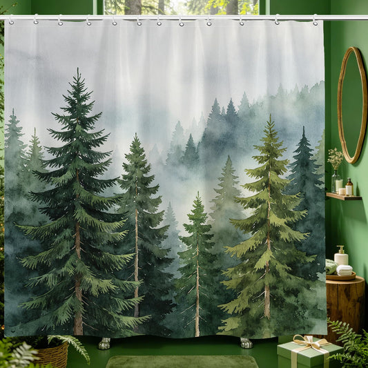 Green Forest Shower Curtain 72 X 72 Inch, Rustic Nature Mountain Bathroom Curtain With Hooks, Tree Plant Foggy Scenic Woodland Landscape Bath Decor Waterproof Fabric Watercolor Bathtub Cover