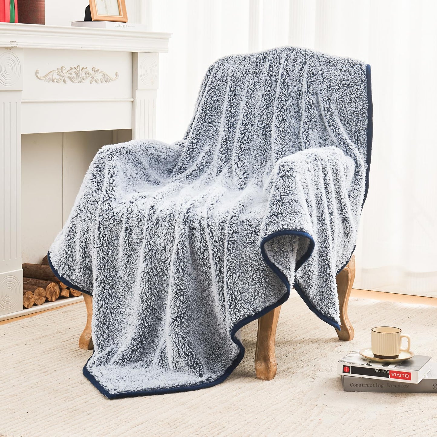 EMME Soft Sherpa Fleece Blanket Reversible Plush Fluffy Large Blanket, Light Weight Warm Decorative Boho Blanket Cover for Sofa, Couch, Bedroom,Travel(Plush Navy,108"x90")