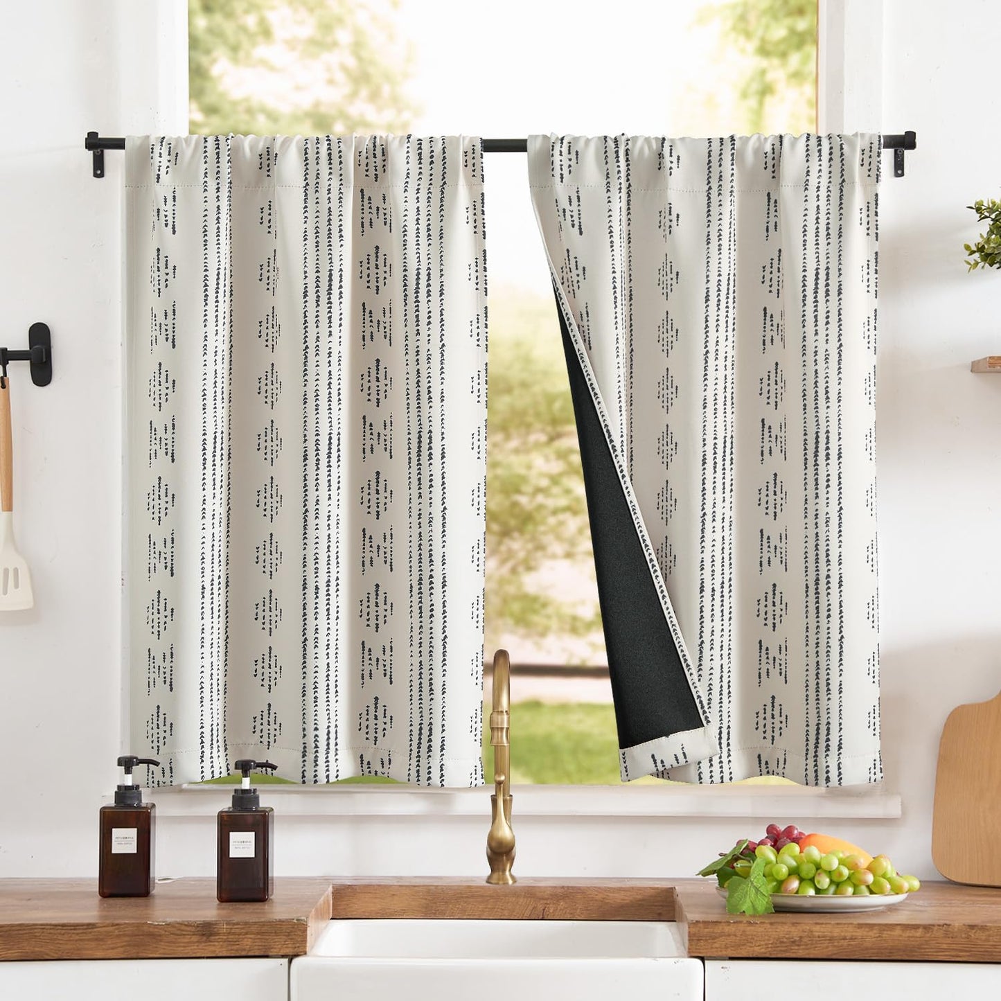 jinchan 95% Blackout Boho Kitchen Curtains 36 Inches Cafe Tier Curtains Bohemian Small Drapes for Bedroom RV Basement Half Window Room Darkening Thermal Insulated 2 Panels Black on Beige
