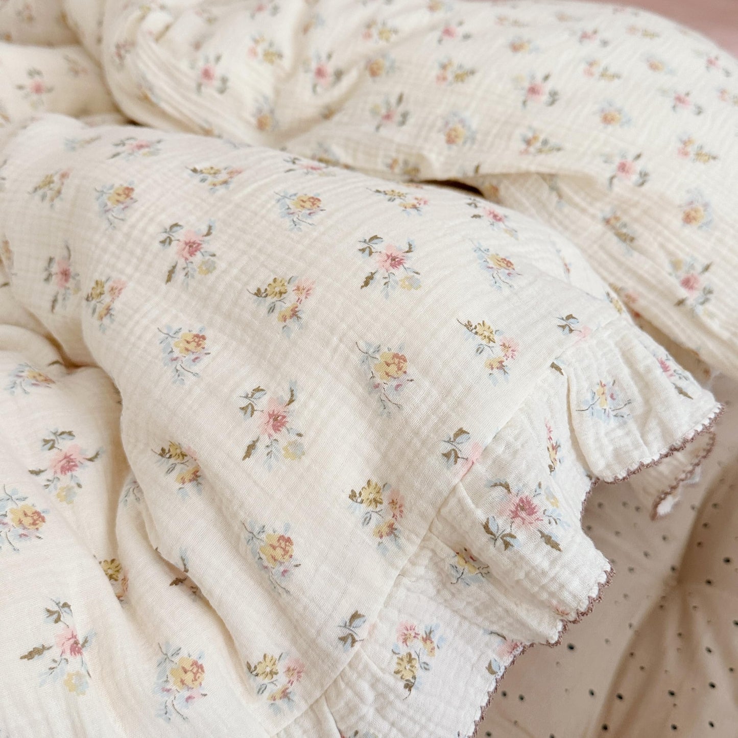 BuLuTu Muslin Cotton Duvet Cover Set Queen, Ruffled Bedding Quilt Cover Shabby Chic Azalea Floral Comforter Cover, Soft Lightweight Bed Set for Kids Teens Young Adults, Machine Wash