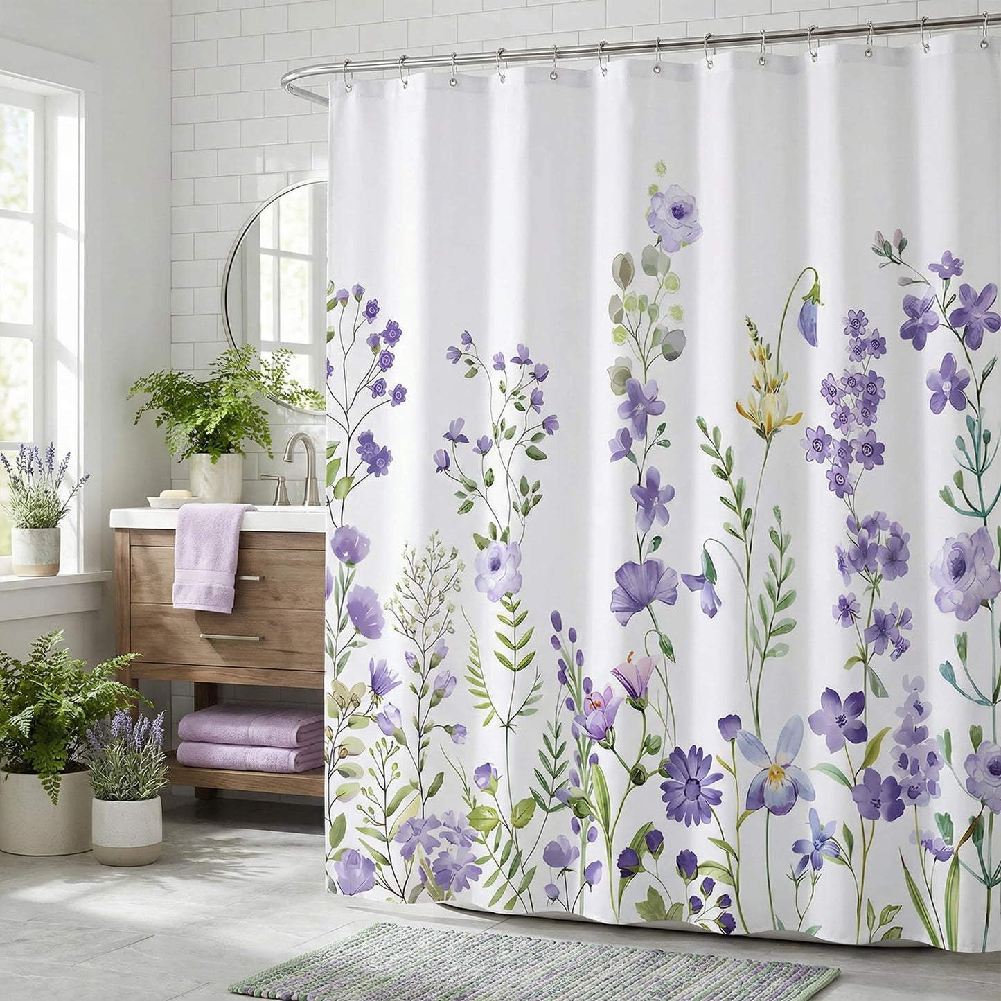 ZCHOMI Purple Spring Floral Shower Curtain Lilac Lavender Wisteria Flower Plant Shower Curtains for Bathroom Waterproof Polyester Fabric Bathroom Curtain 72 x 72 Inch with 12 Plastic Hooks