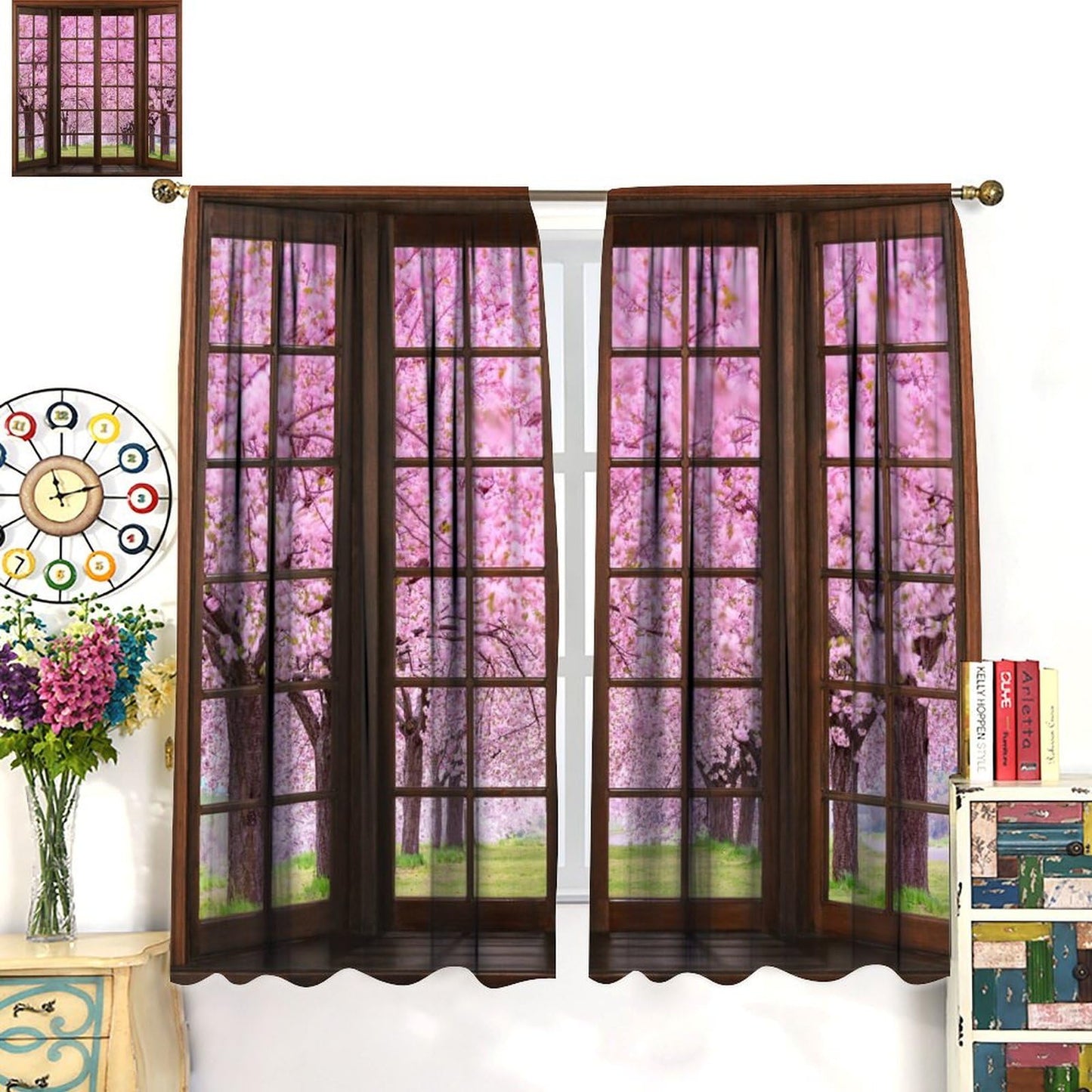 Mchenxin Cherry Blossom Landscape Curtains, Spring Natural Park Scenery Japanese Pink Pink Cherry Blossom Window Drapes Curtains for Farmhouse Bedroom Living Room, 42x45in (No Blackout)