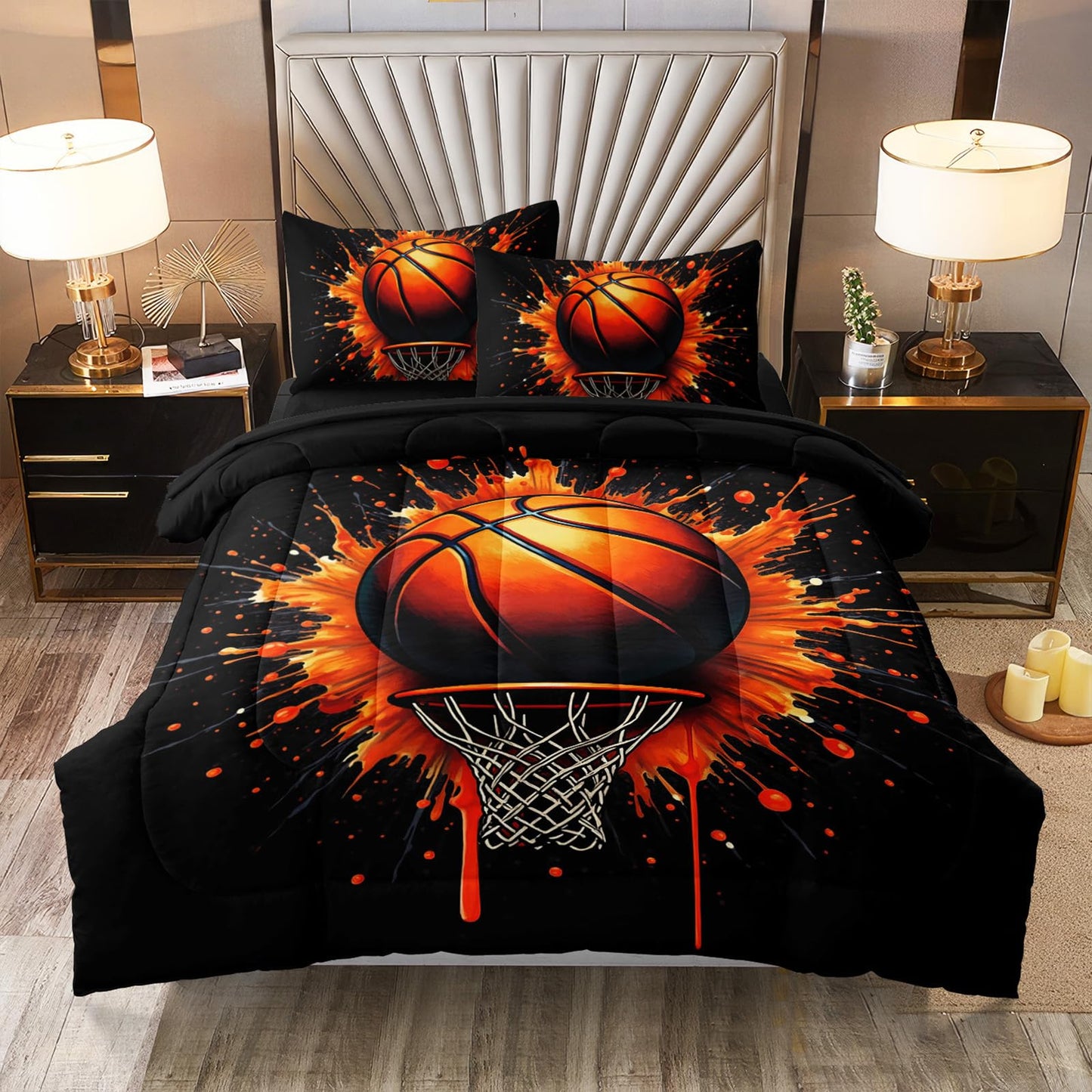 HICAND 5 Pcs Basketball Full Bedding Set for Boys Teens, Full Size Sports Cool Basketball Boys Comforter Set with Sheets